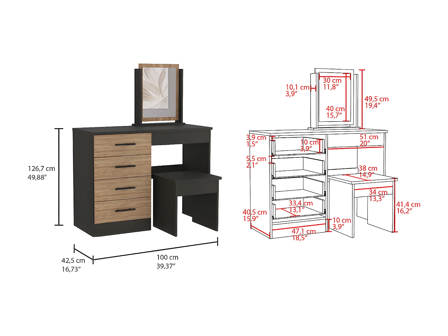 Table de maquillage de miroir Kaia avec 4 tiroirs et siège inclus 126,7 cm à x 100 cm L x 42,5 cm P, Marron Chocolat / gris