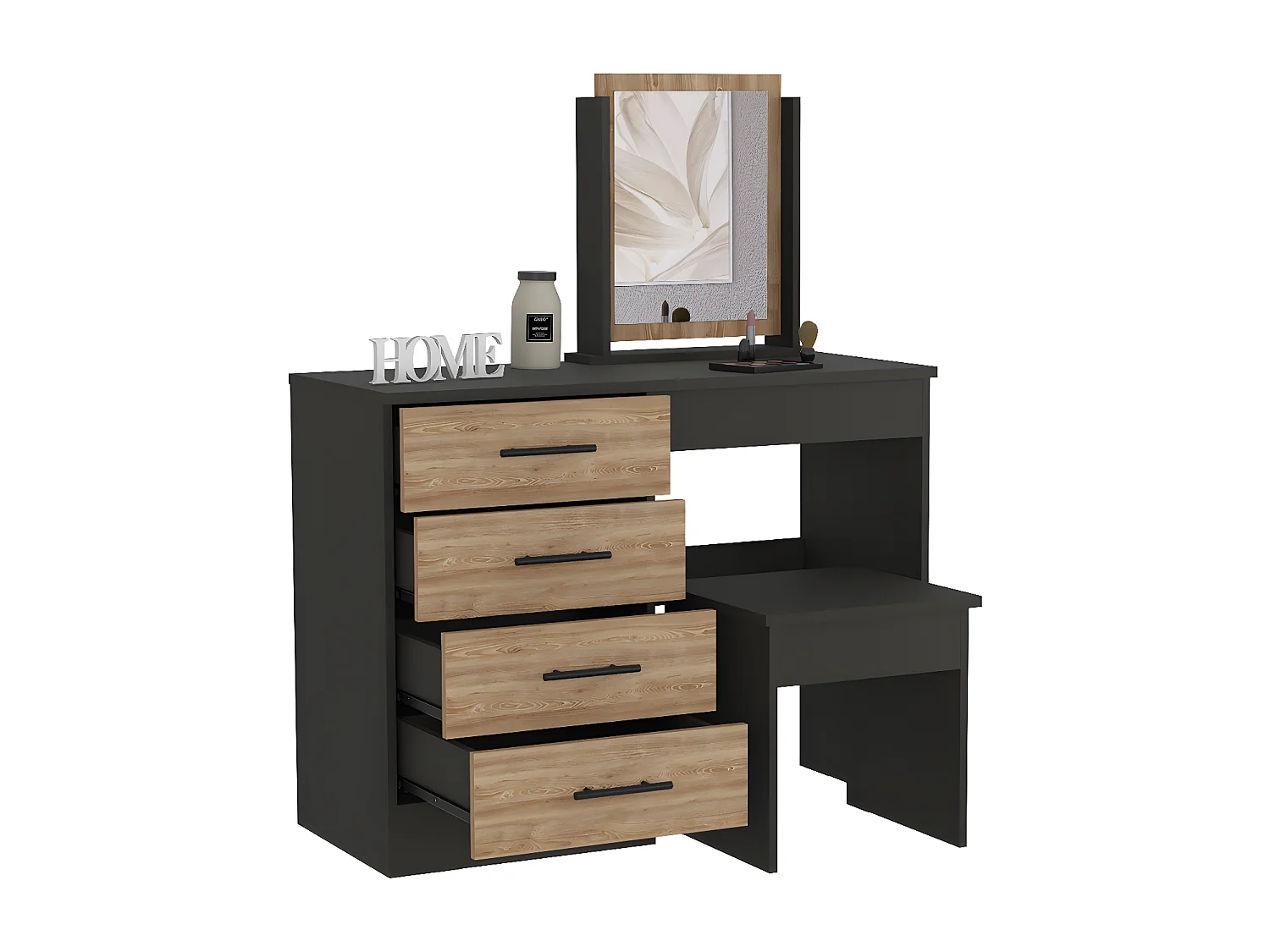 Table de maquillage de miroir Kaia avec 4 tiroirs et siège inclus 126,7 cm à x 100 cm L x 42,5 cm P, Marron Chocolat / gris