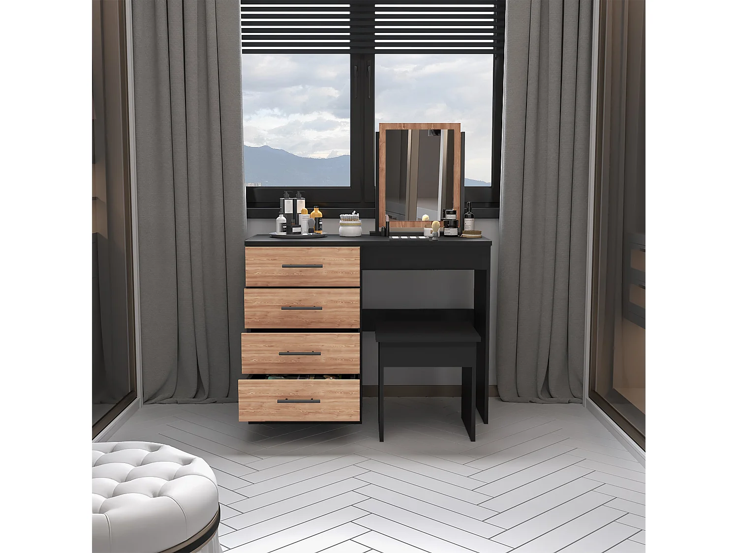 Table de maquillage de miroir Kaia avec 4 tiroirs et siège inclus 126,7 cm à x 100 cm L x 42,5 cm P, Marron Chocolat / gris