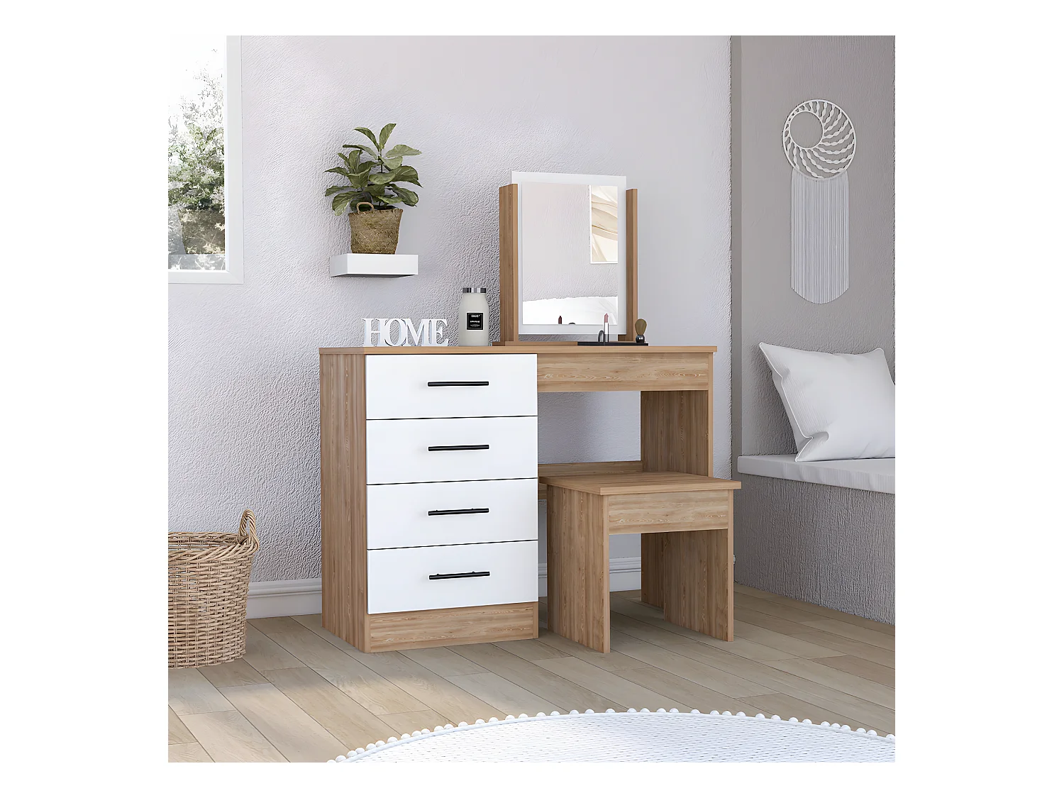 Table de maquillage de miroir Kaia avec 4 tiroirs et siège inclus 126,7 cm à x 100 cm L x 42,5 cm P, blanc / gris