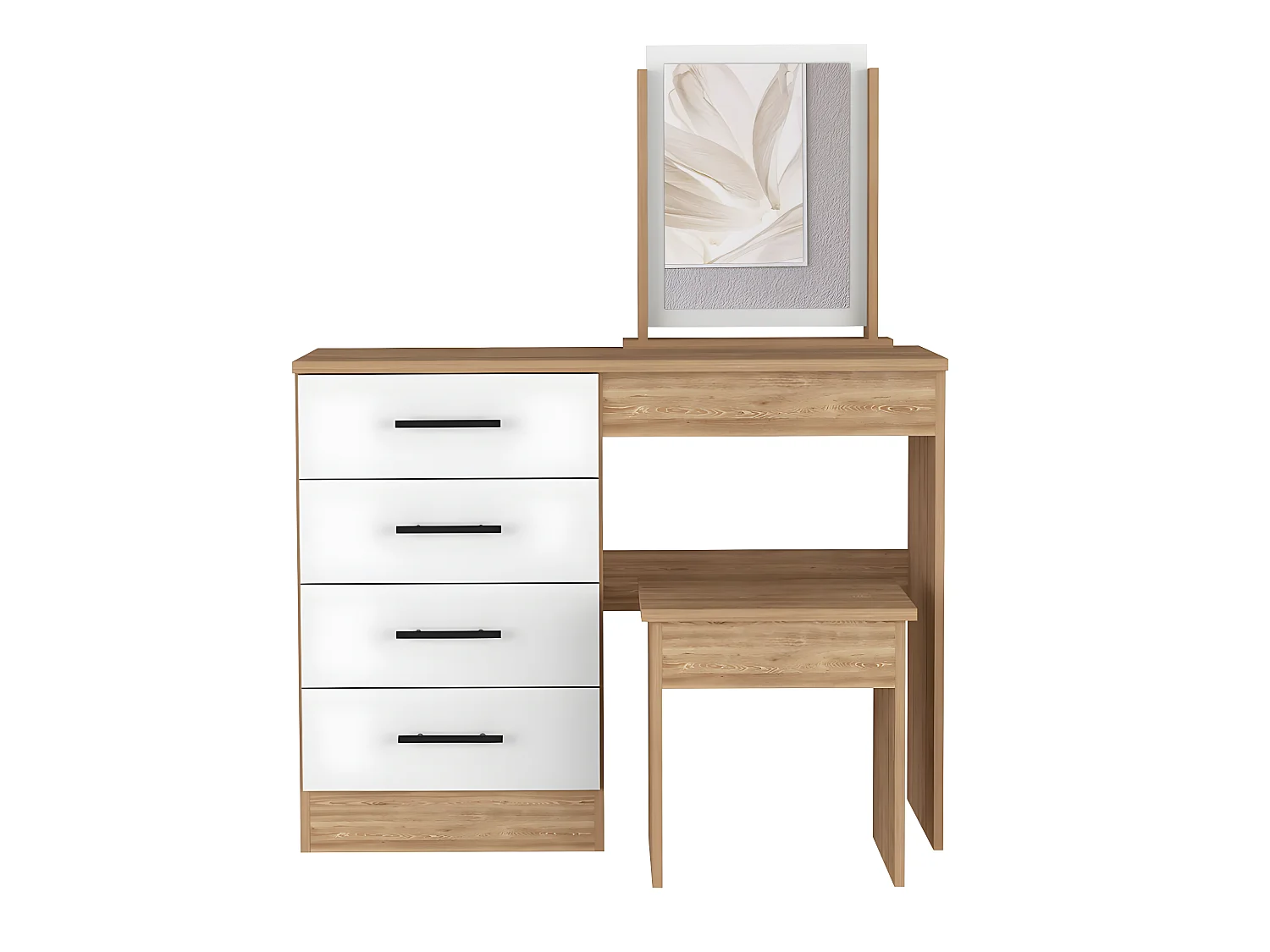 Table de maquillage de miroir Kaia avec 4 tiroirs et siège inclus 126,7 cm à x 100 cm L x 42,5 cm P, blanc / gris