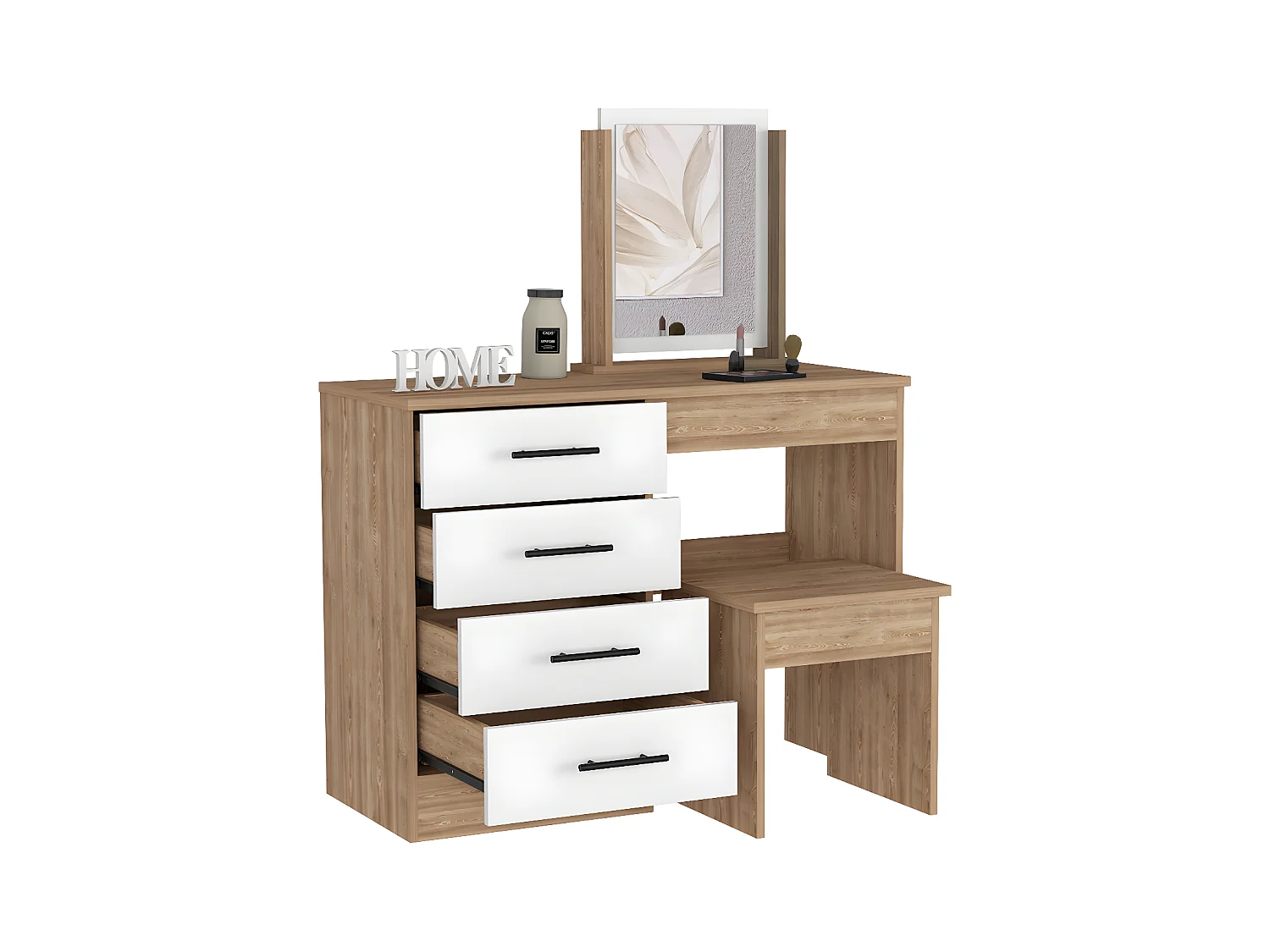 Table de maquillage de miroir Kaia avec 4 tiroirs et siège inclus 126,7 cm à x 100 cm L x 42,5 cm P, blanc / gris