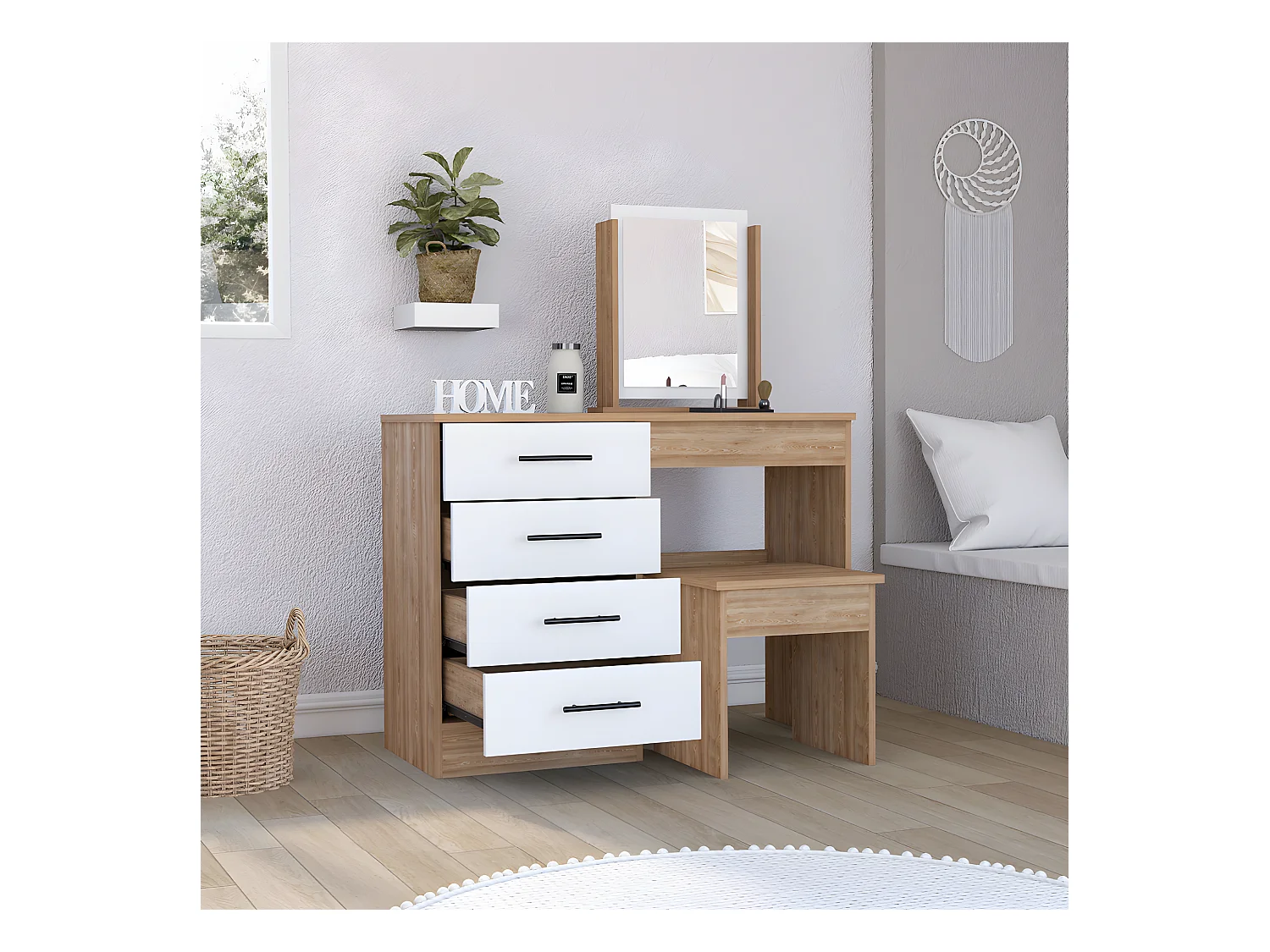 Table de maquillage de miroir Kaia avec 4 tiroirs et siège inclus 126,7 cm à x 100 cm L x 42,5 cm P, blanc / gris