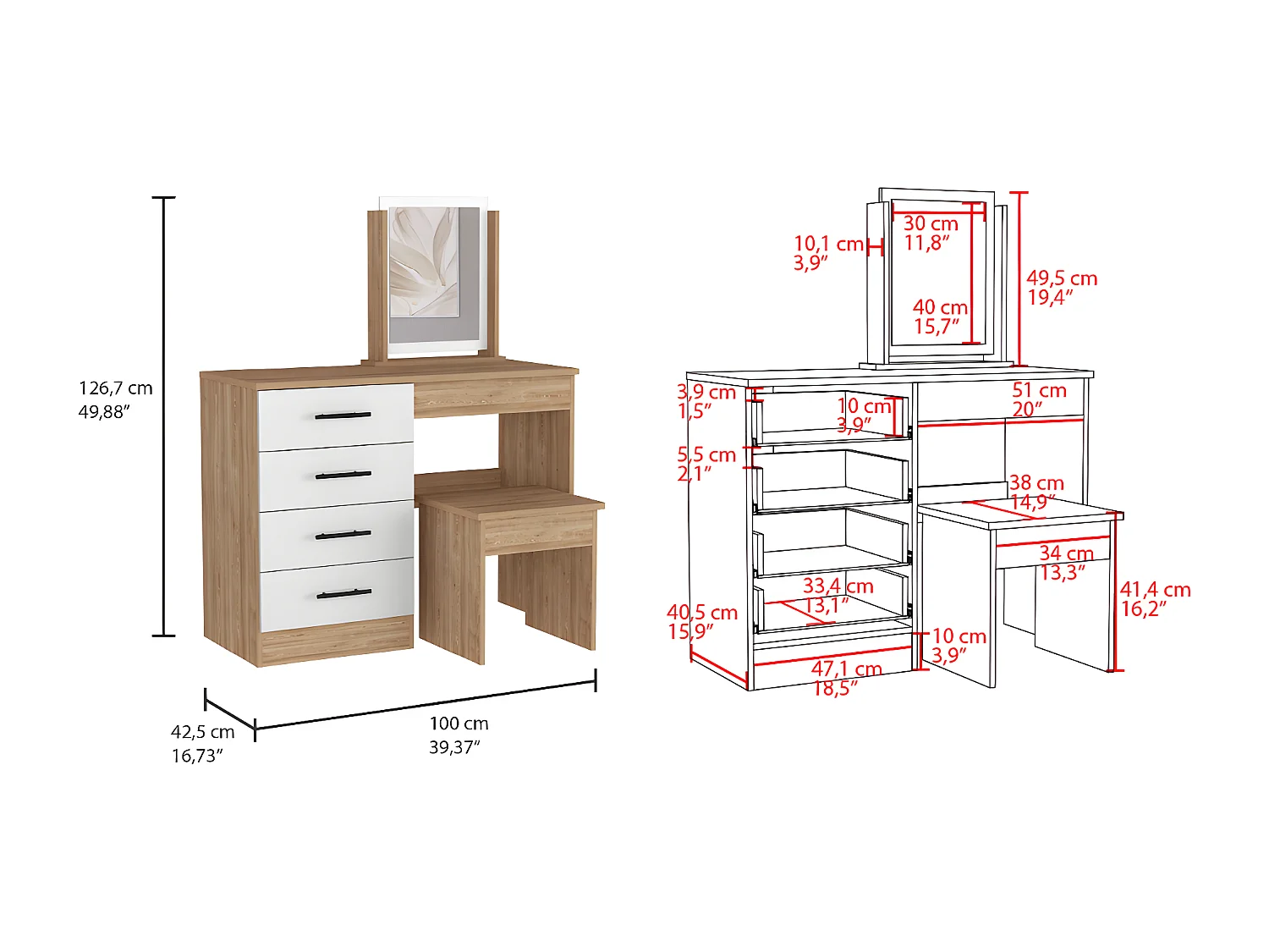 Mesa de Maquillaje con Espejo Kaia y asiento incluido 126.7CM A X 100CM L X 42.5CM P Miel / Blanco