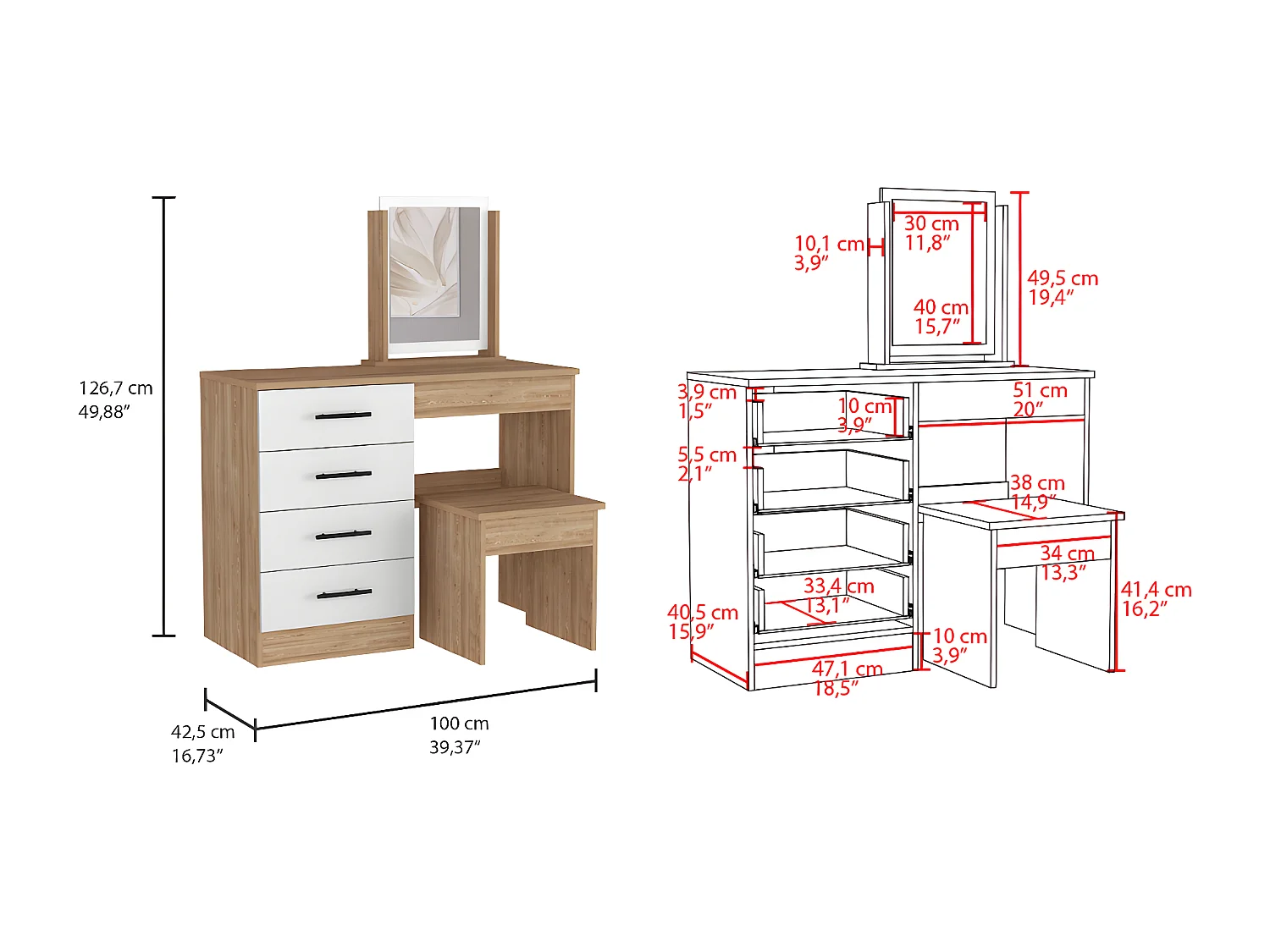 Mesa de Maquillaje con Espejo Kaia y asiento incluido 126.7CM A X 100CM L X 42.5CM P Miel / Blanco