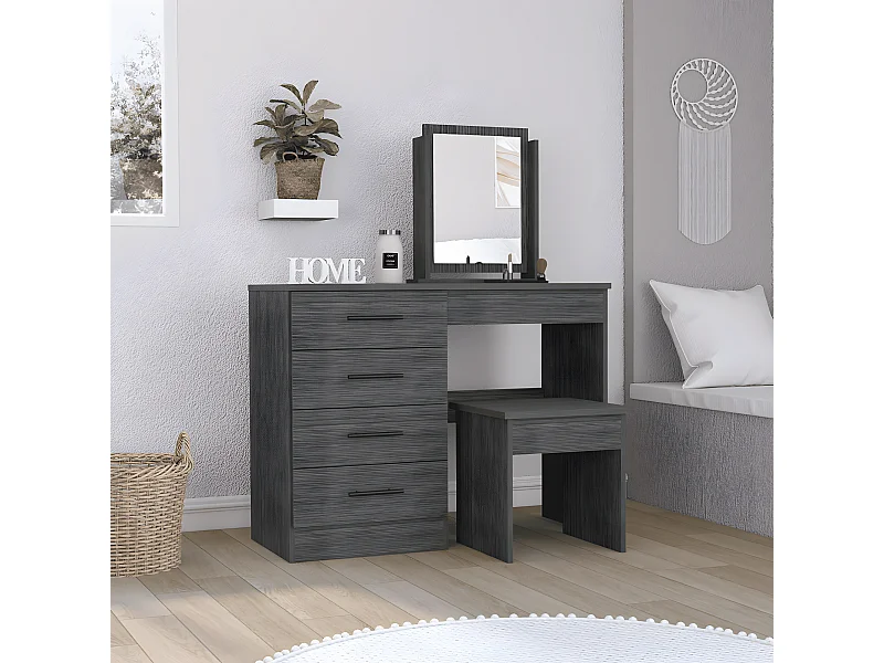 Table de maquillage de miroir Kaia avec 4 tiroirs et siège inclus 126,7 cm à x 100 cm L x 42,5 cm P, gris