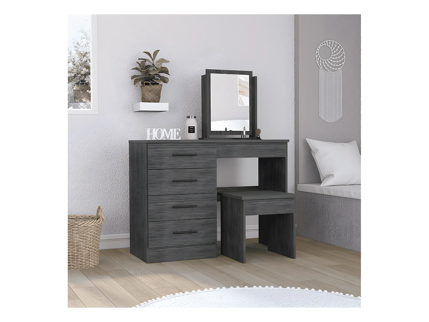 Tavolino da trucco Kaia con specchio e seduta inclusa 126,7 cm L X 100 cm L X 42,5 cm P Rovere grigio