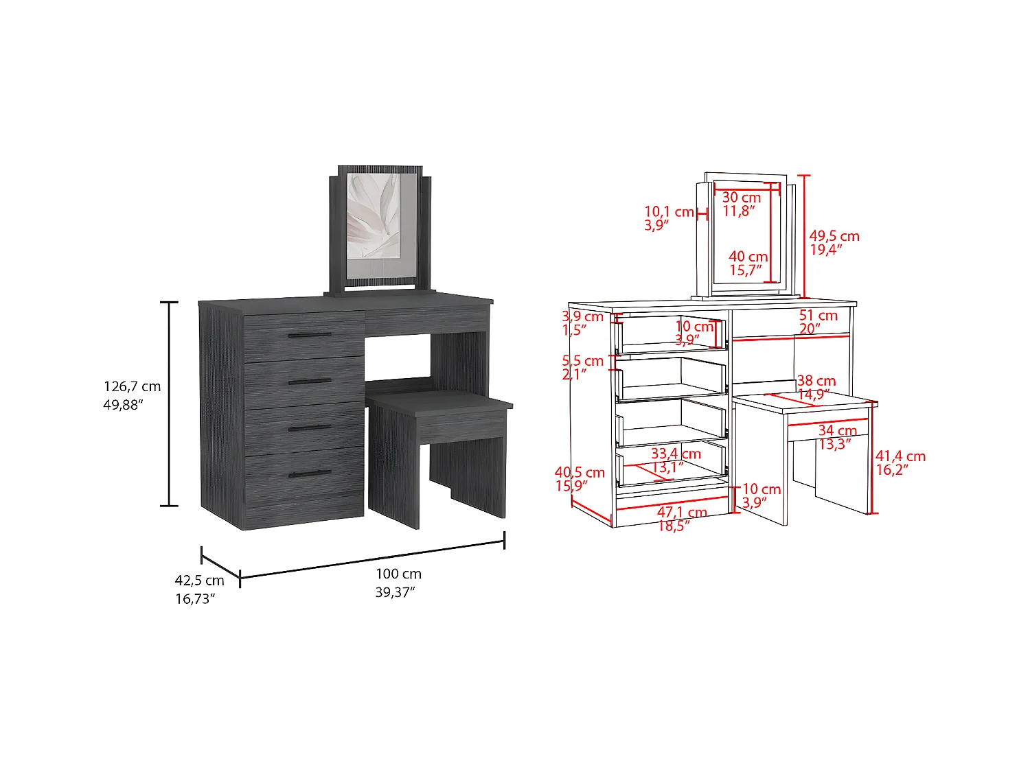 Tavolino da trucco Kaia con specchio e seduta inclusa 126,7 cm L X 100 cm L X 42,5 cm P Rovere grigio