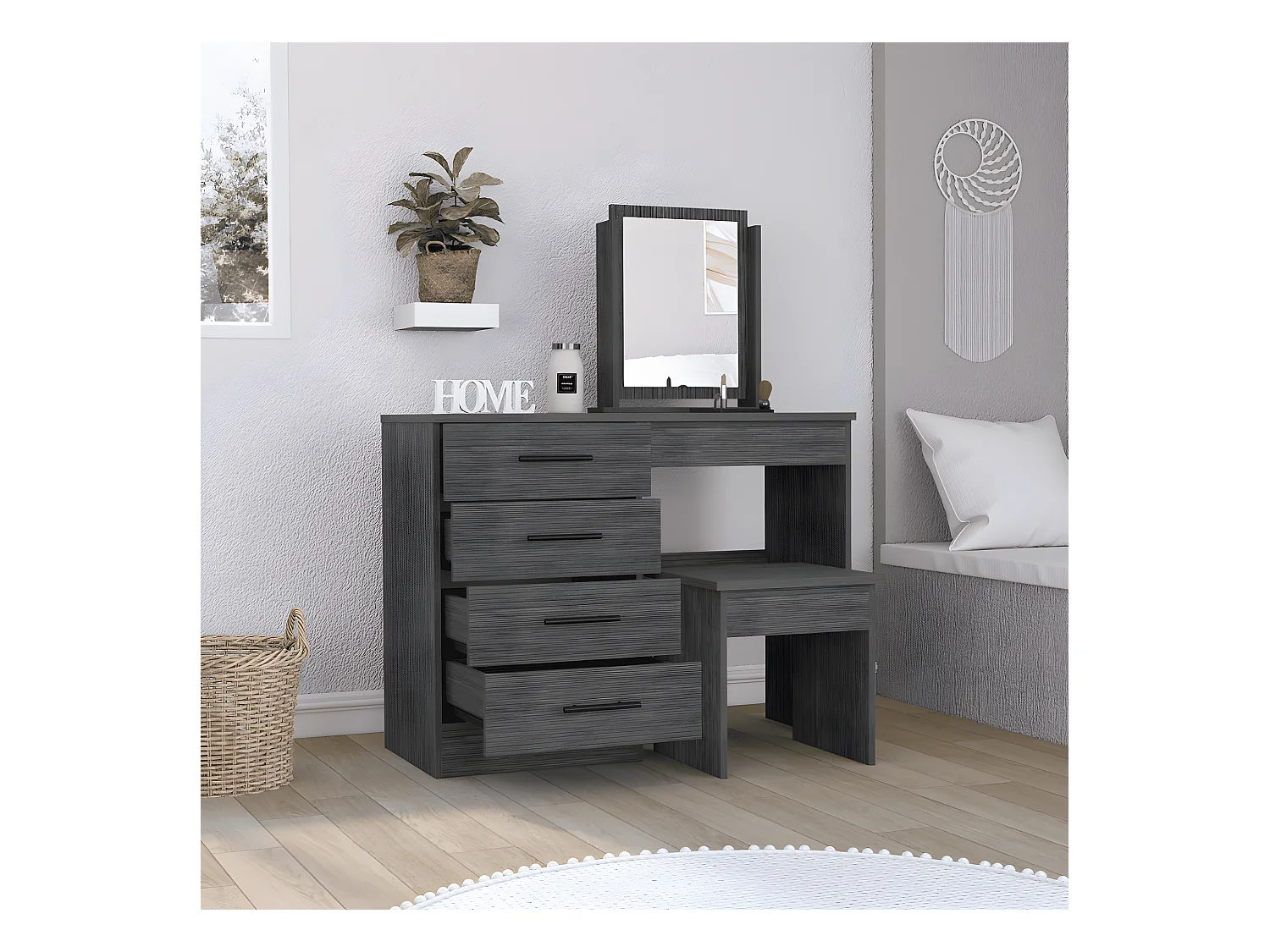 Tavolino da trucco Kaia con specchio e seduta inclusa 126,7 cm L X 100 cm L X 42,5 cm P Rovere grigio