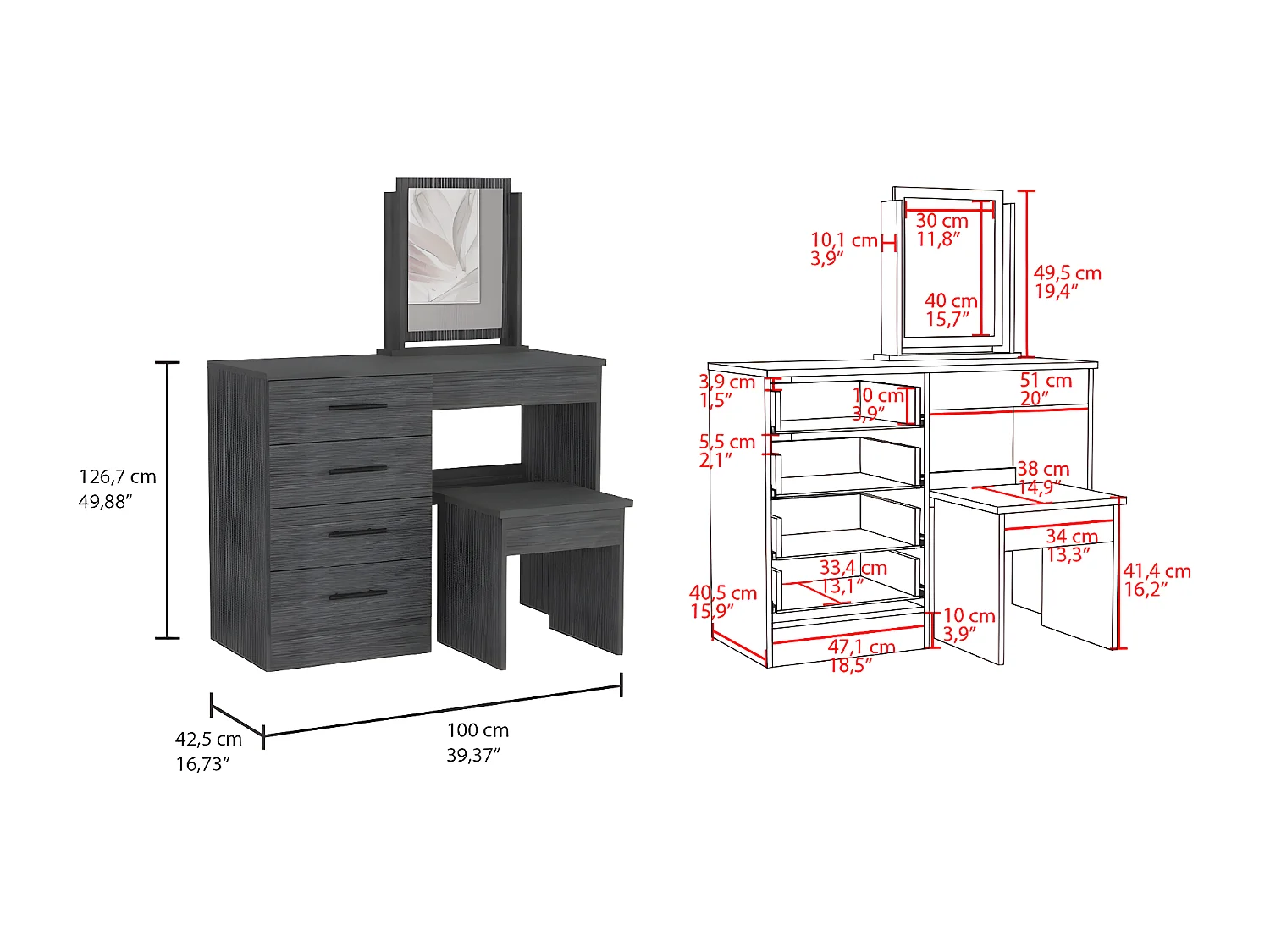 Mesa de Maquillaje con Espejo Kaia y asiento incluido 126.7CM A X 100CM L X 42.5CM P Roble gris