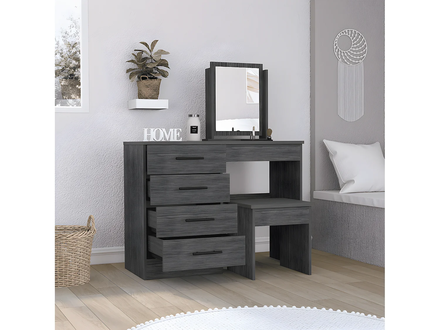 Mesa de Maquillaje con Espejo Kaia y asiento incluido 126.7CM A X 100CM L X 42.5CM P Roble gris