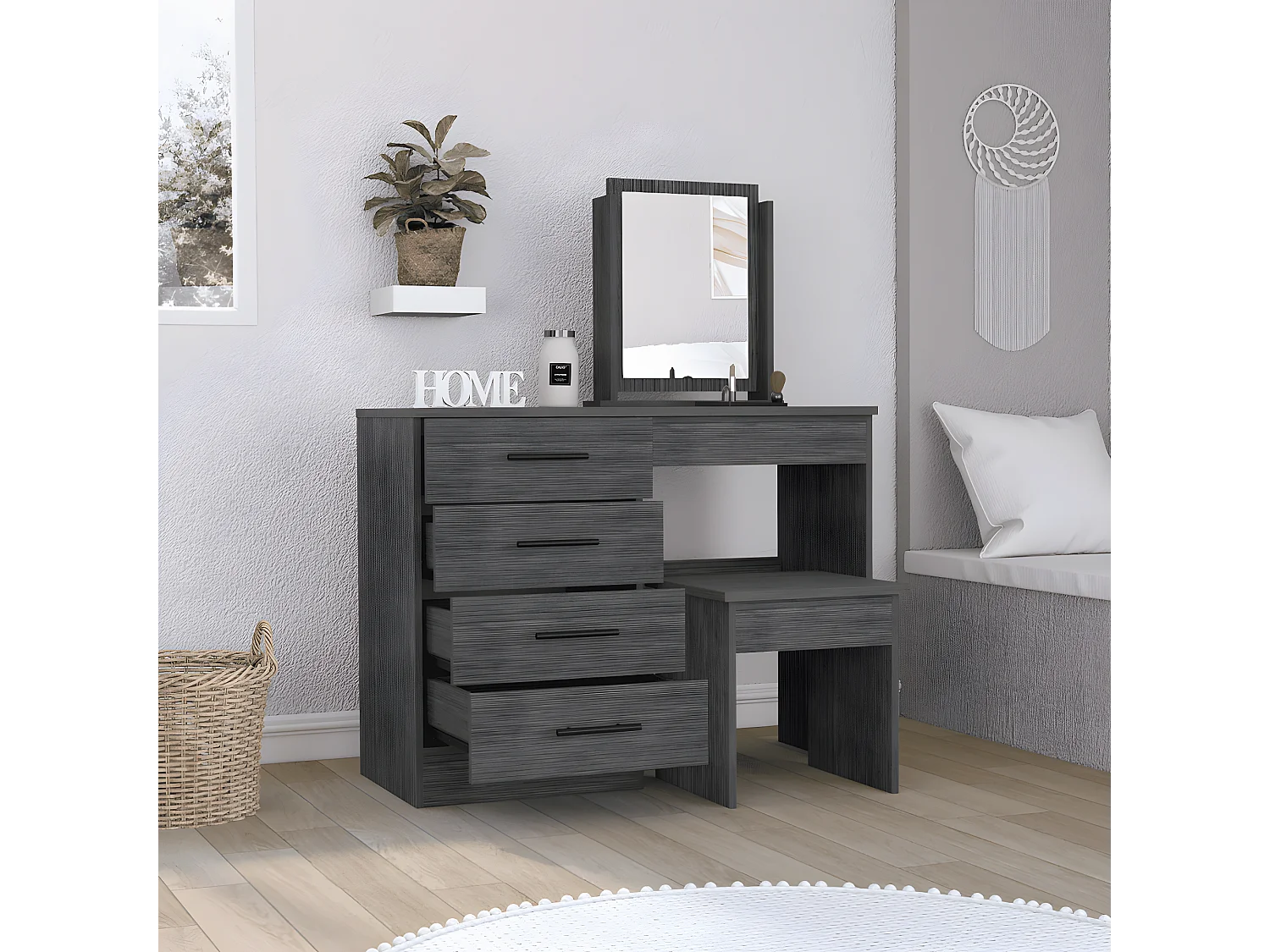 Tavolino da trucco Kaia con specchio e seduta inclusa 126,7 cm L X 100 cm L X 42,5 cm P Rovere grigio
