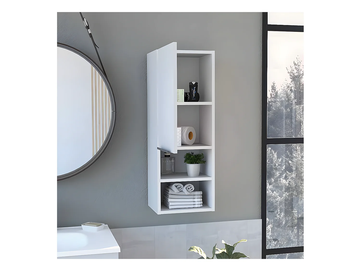 Élément mural de salle de bain Mila en mélamine avec une porte et quatre étagères , Blanc  81.7 X 30 X 25.5 cm