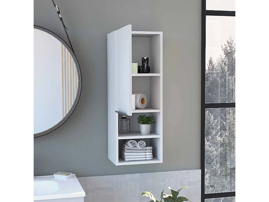 Mila Armário de parede para casa de banho em melamina com uma porta e quatro prateleiras, 81.7 X 30 X 25.5 cm , Branco