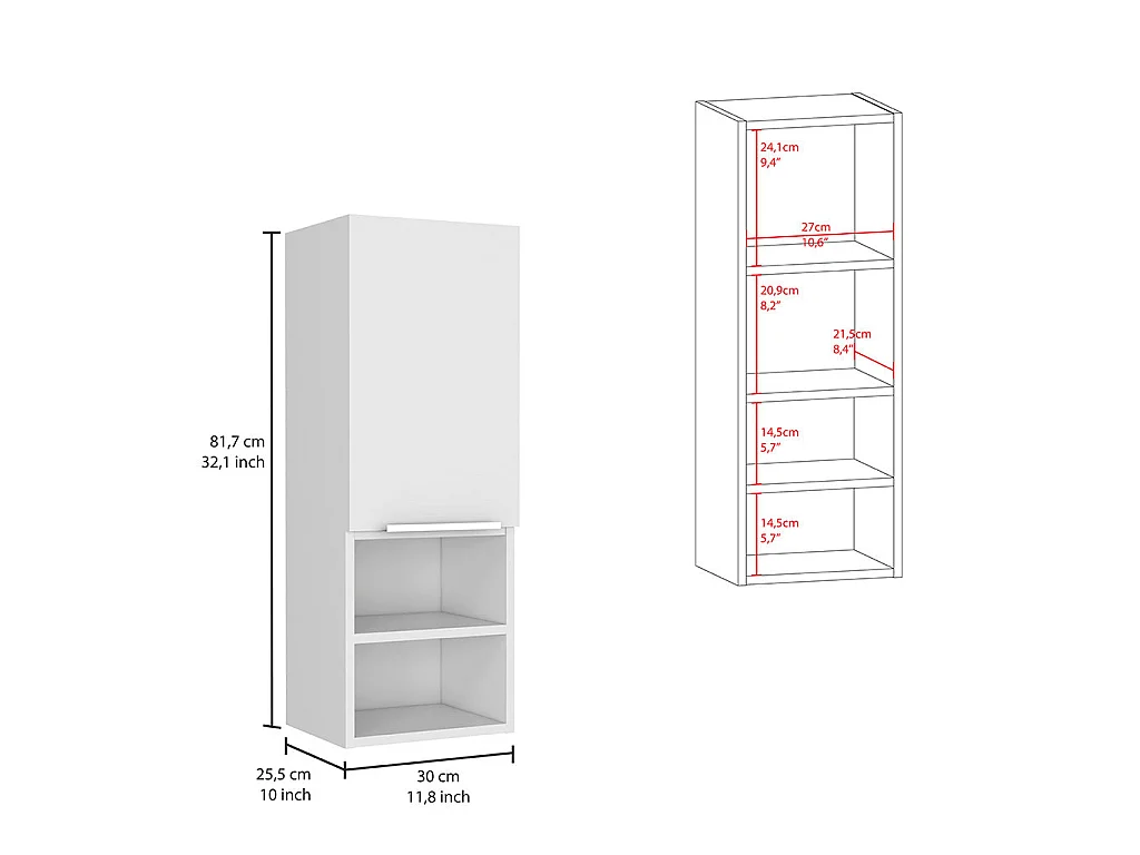 Mila Armário de parede para casa de banho em melamina com uma porta e quatro prateleiras, 81.7 X 30 X 25.5 cm , Branco