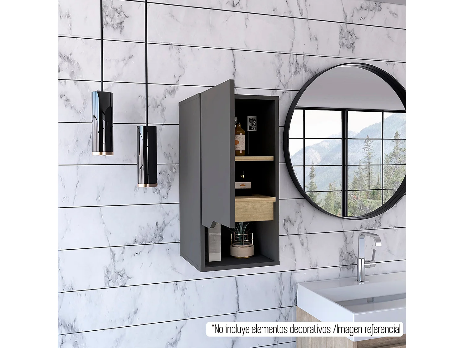 Laurent de salle de bain. avec armoire suspendue et étagères résistantes. 62 cm à x 30,1 cm et x 33 cm P. plomb / dune