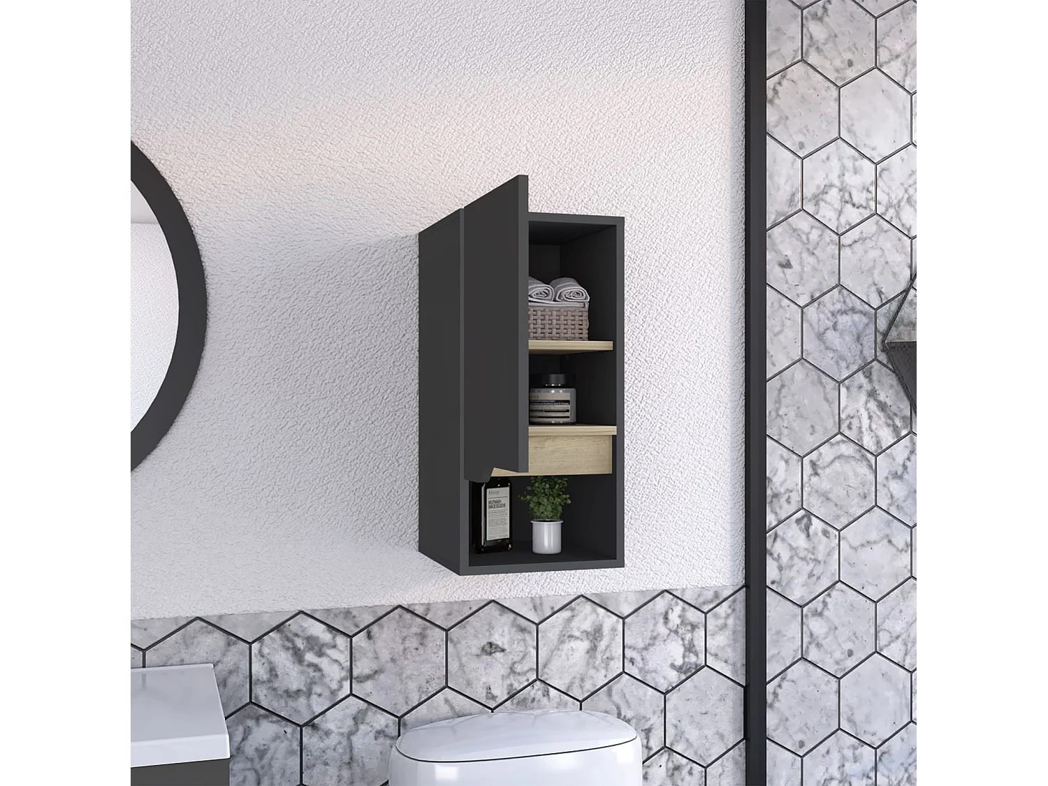 Armario colgante de baño Laurent de 30 cm con 1 puerta, gris plomo y roble arena