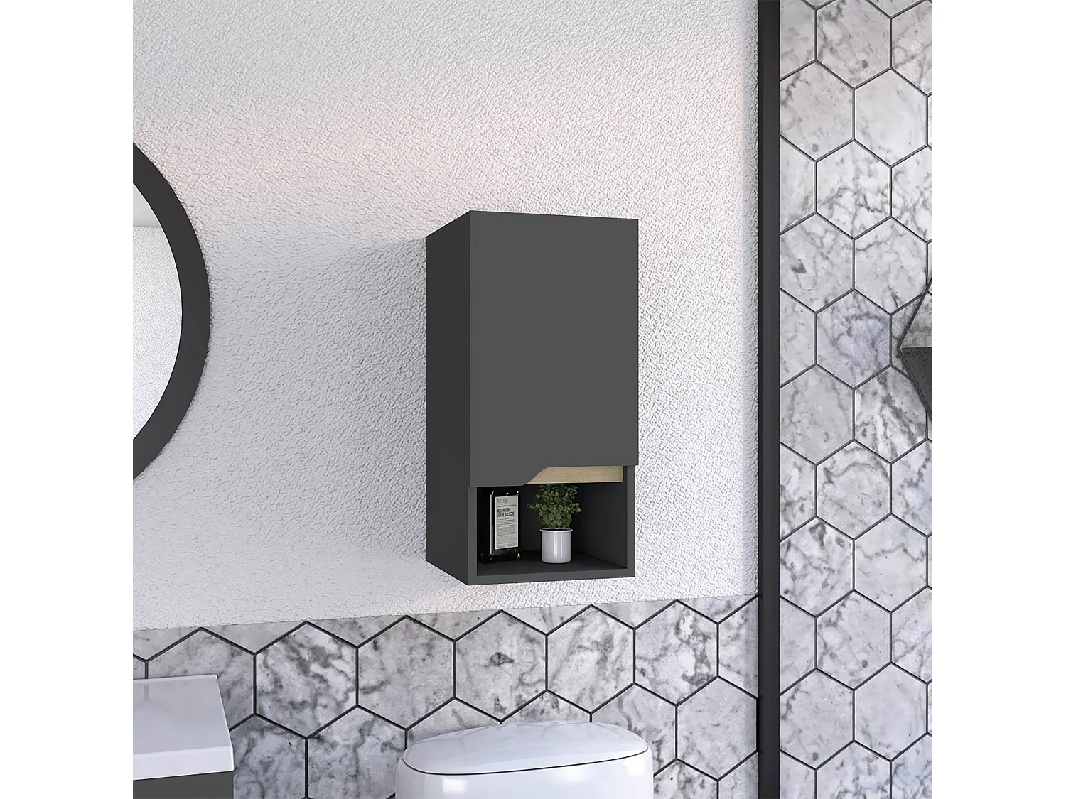 Armario colgante de baño Laurent de 30 cm con 1 puerta, gris plomo y roble arena