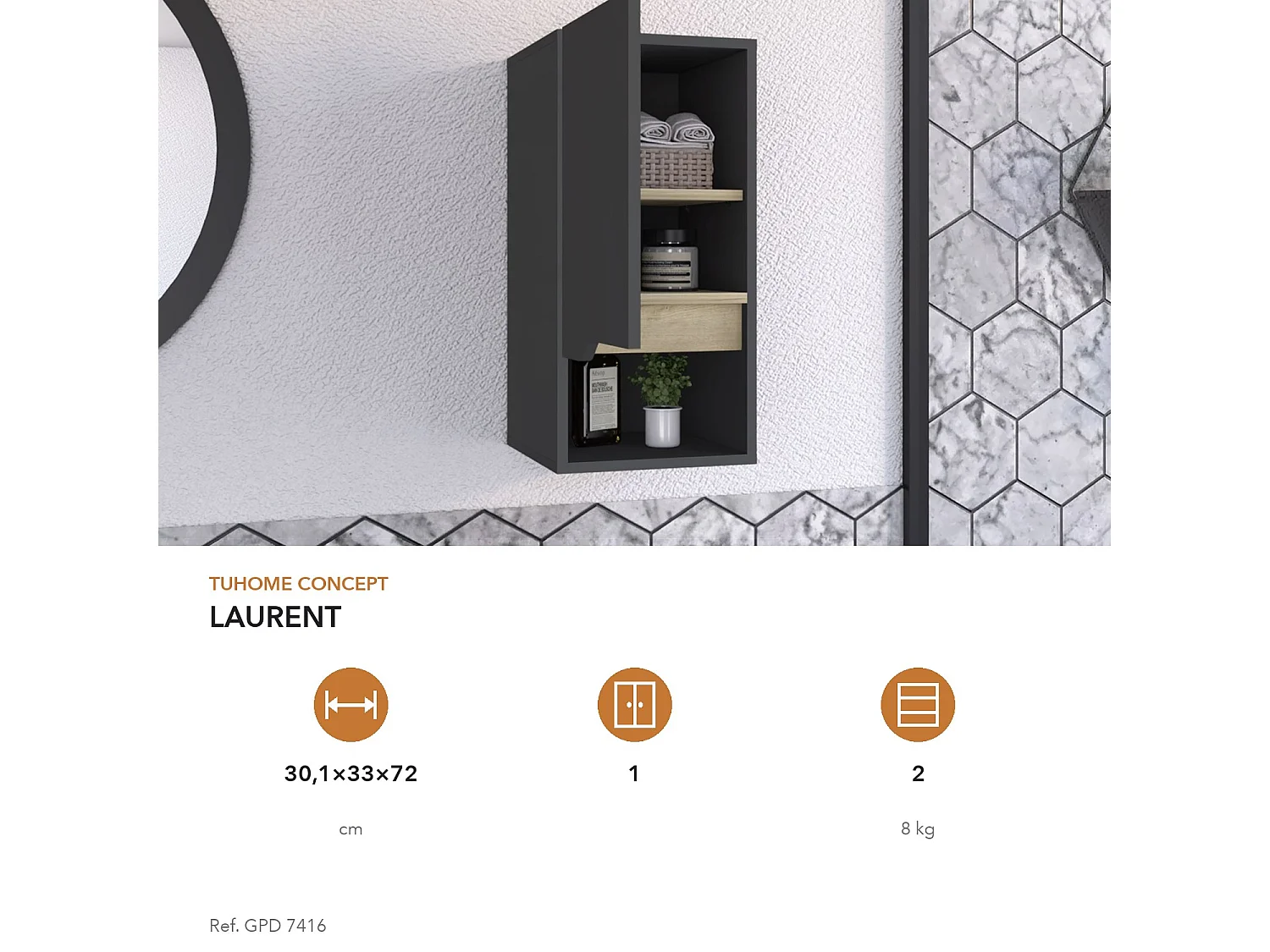 Armario colgante de baño Laurent de 30 cm con 1 puerta, gris plomo y roble arena