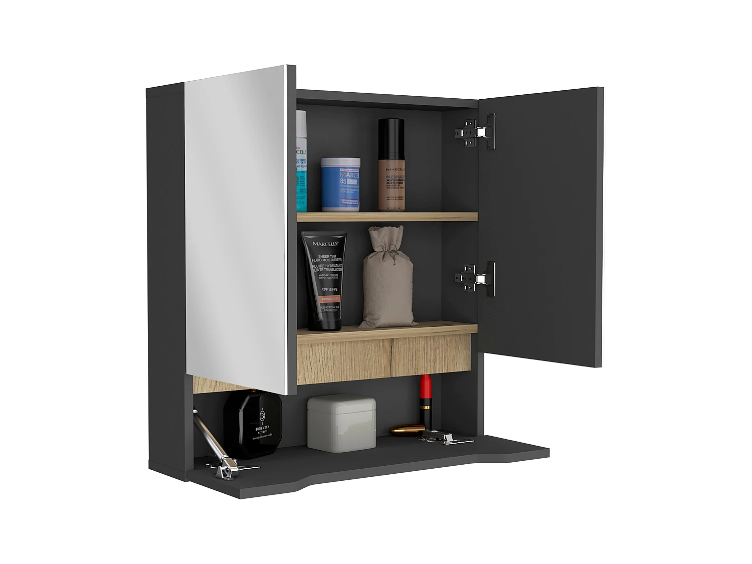 Salle de bain Laurent Wall Cabinet, avec deux portes et étagères internes, 62 cm à x 60 cm le x 15 cm P, plomb / dune