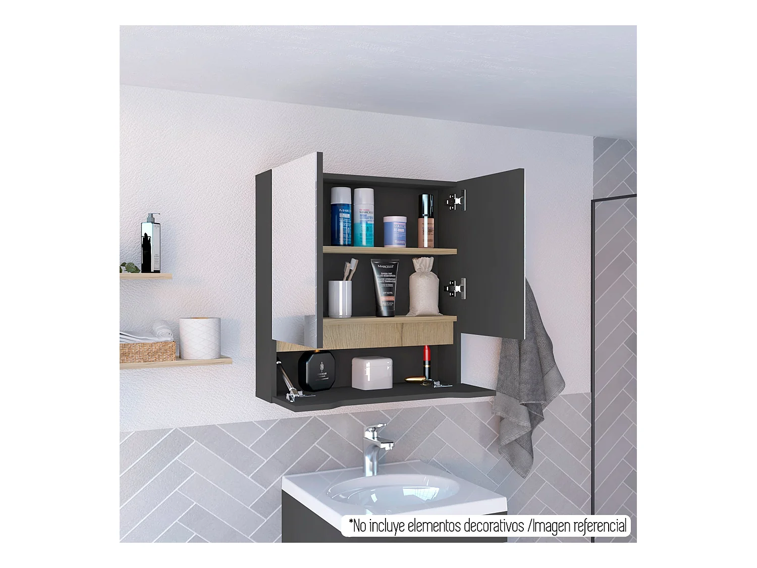 Salle de bain Laurent Wall Cabinet, avec deux portes et étagères internes, 62 cm à x 60 cm le x 15 cm P, plomb / dune