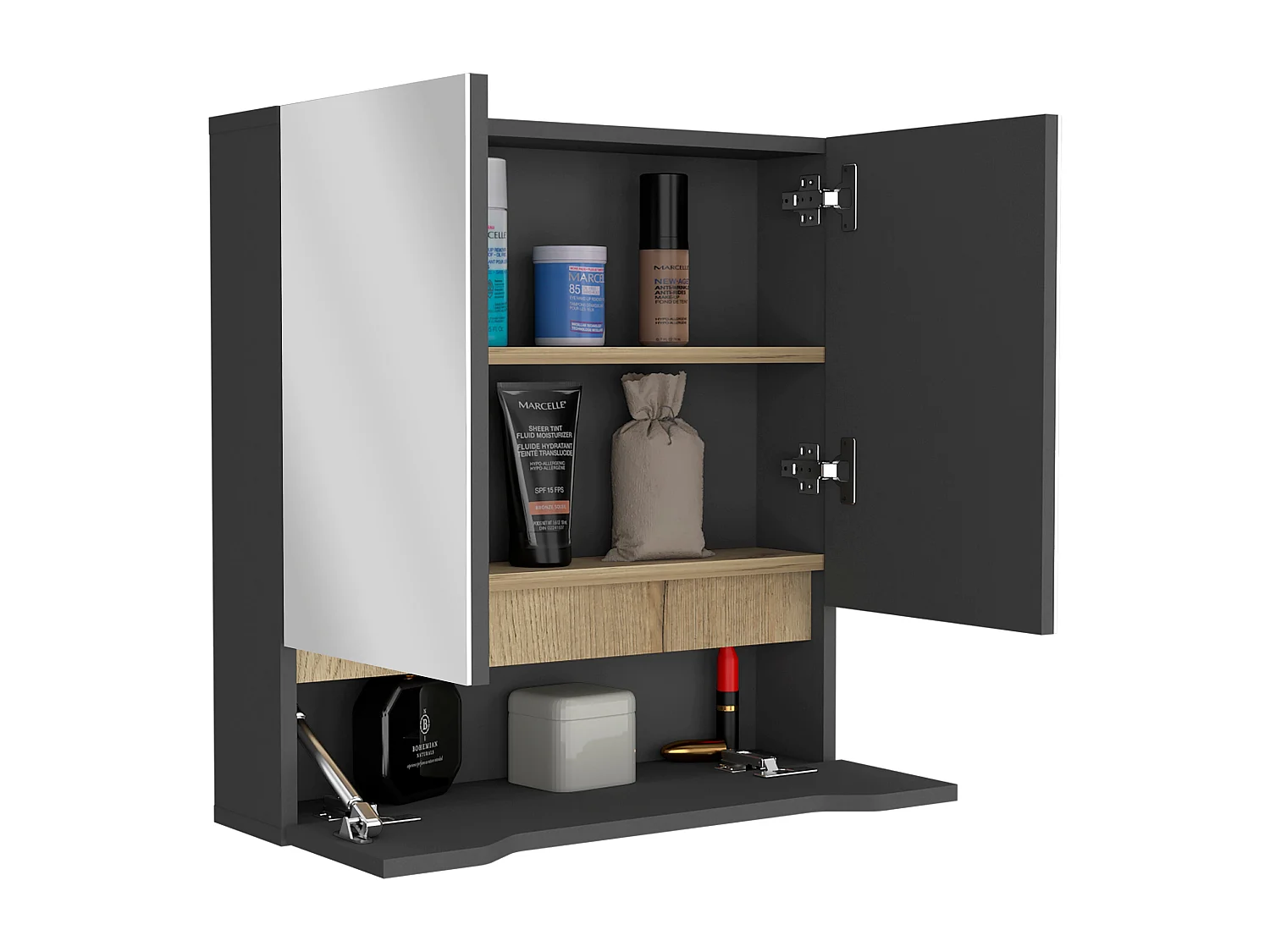 Salle de bain Laurent Wall Cabinet, avec deux portes et étagères internes, 62 cm à x 60 cm le x 15 cm P, plomb / dune