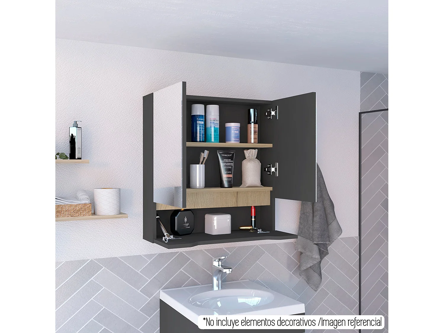Salle de bain Laurent Wall Cabinet, avec deux portes et étagères internes, 62 cm à x 60 cm le x 15 cm P, plomb / dune