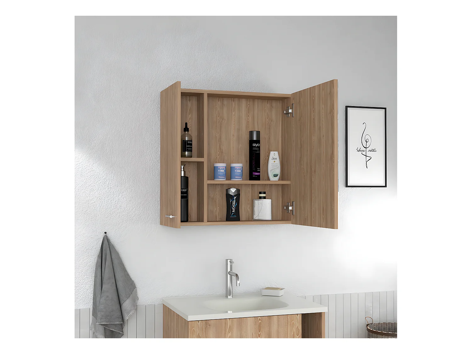 Salle de bain avec miroir Barcelone. Avec quatre étagères internes. 23,6 cm à x 23,6 cm L x 5,8 cm P. Honey