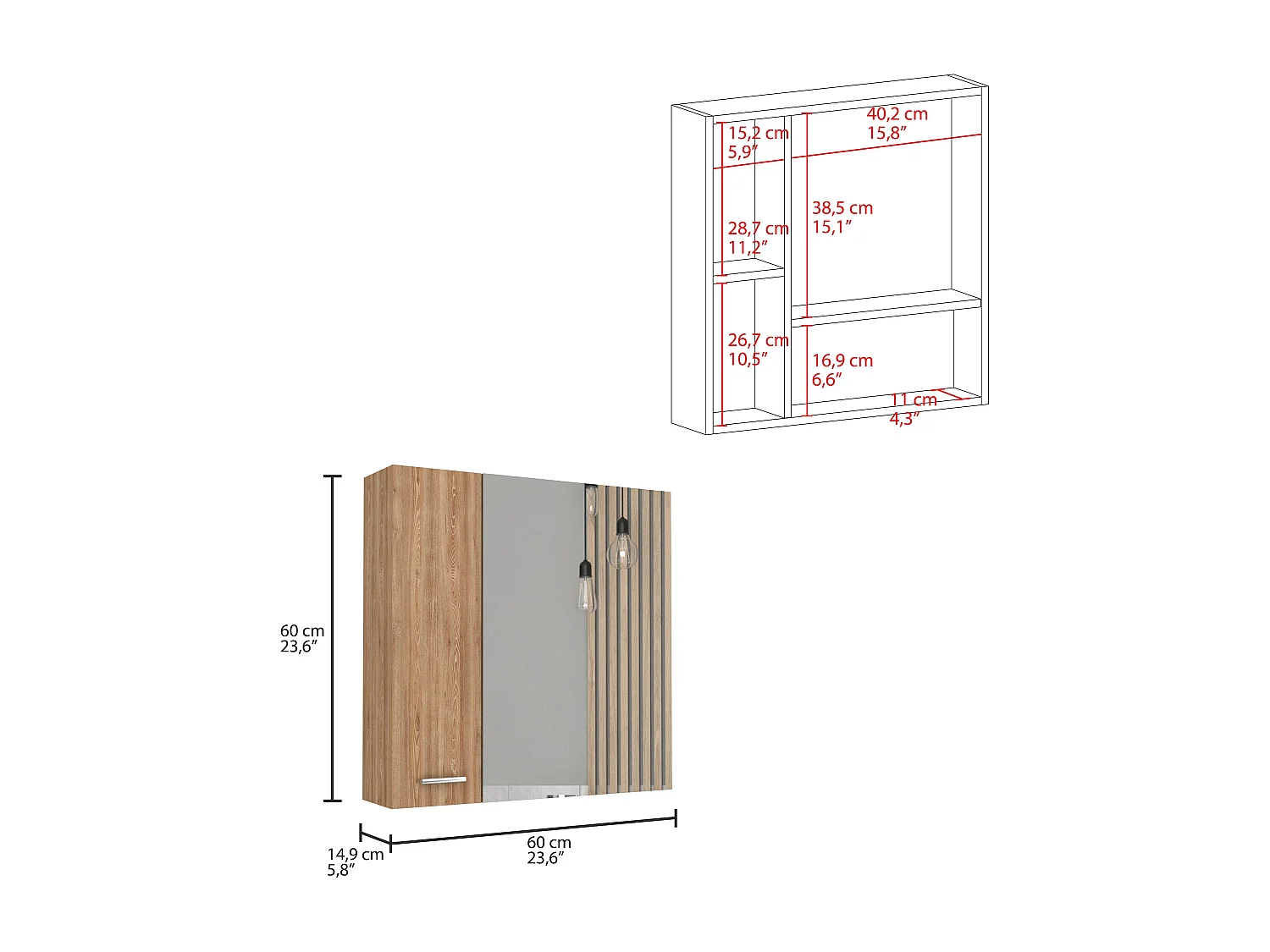 Armário de parede espelhado Barcelona com prateleiras, 59.94 cm X 59.94 cm X 14.73 cm, Mel