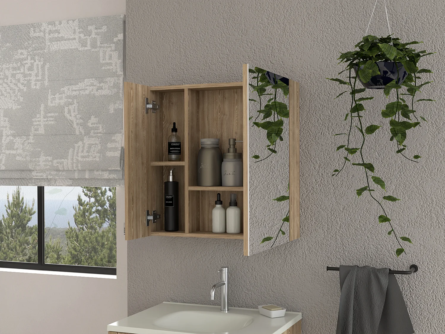 Armário de parede espelhado Barcelona com prateleiras, 59.94 cm X 59.94 cm X 14.73 cm, Mel