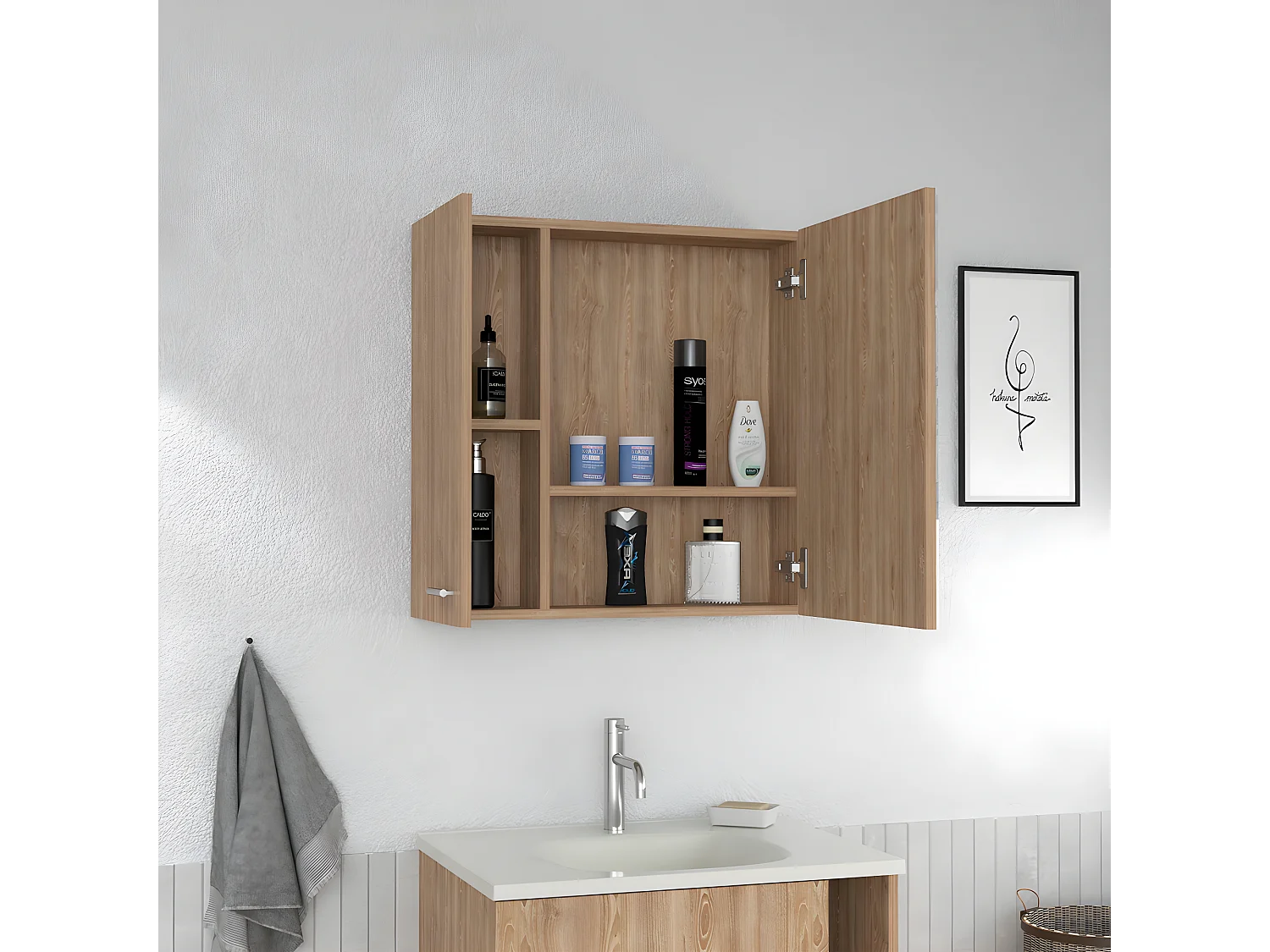 Salle de bain avec miroir Barcelone. Avec quatre étagères internes. 23,6 cm à x 23,6 cm L x 5,8 cm P. Honey