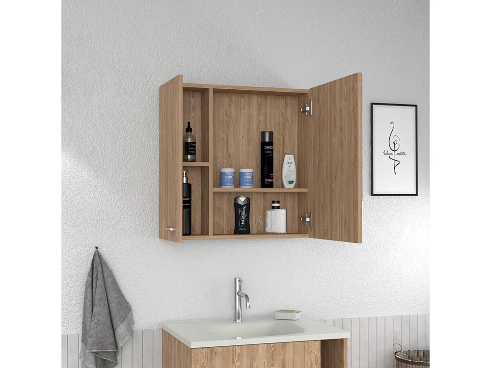 Armário de parede espelhado Barcelona com prateleiras, 59.94 cm X 59.94 cm X 14.73 cm, Mel