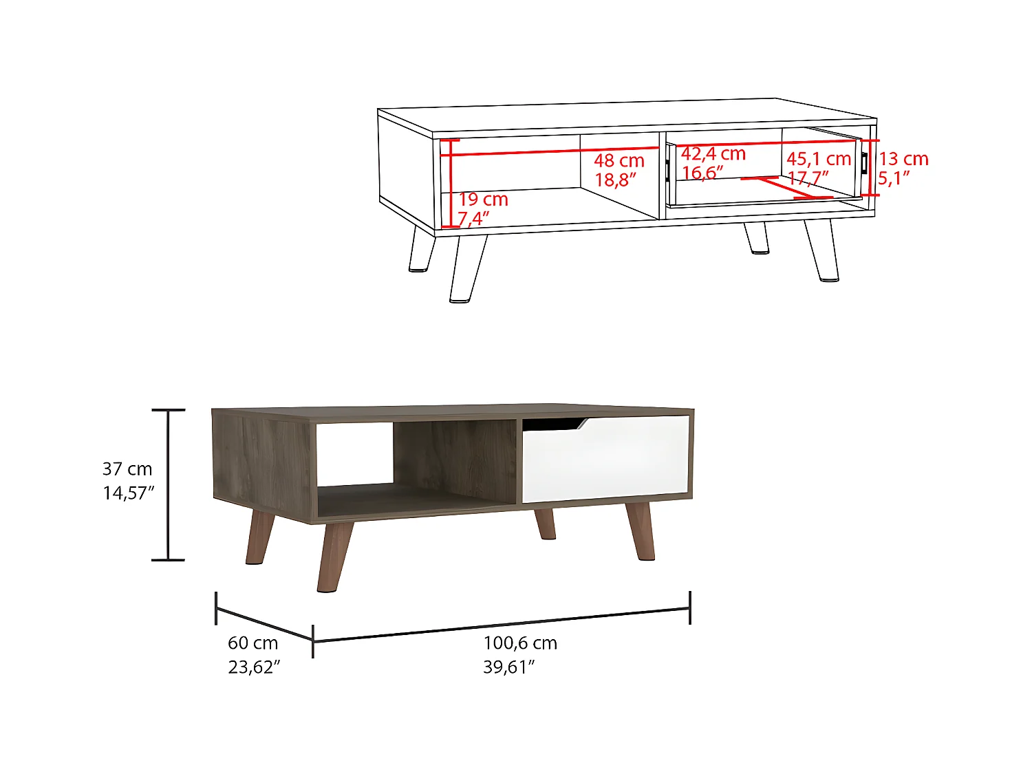 Tavolino Oslo, con cassetto 37 CM L X 100,6 CM P X 60 CM L X 60 CM P Ghianda / Bianco