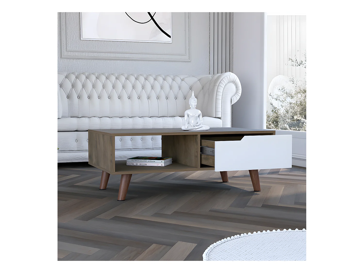 Tavolino Oslo, con cassetto 37 CM L X 100,6 CM P X 60 CM L X 60 CM P Ghianda / Bianco