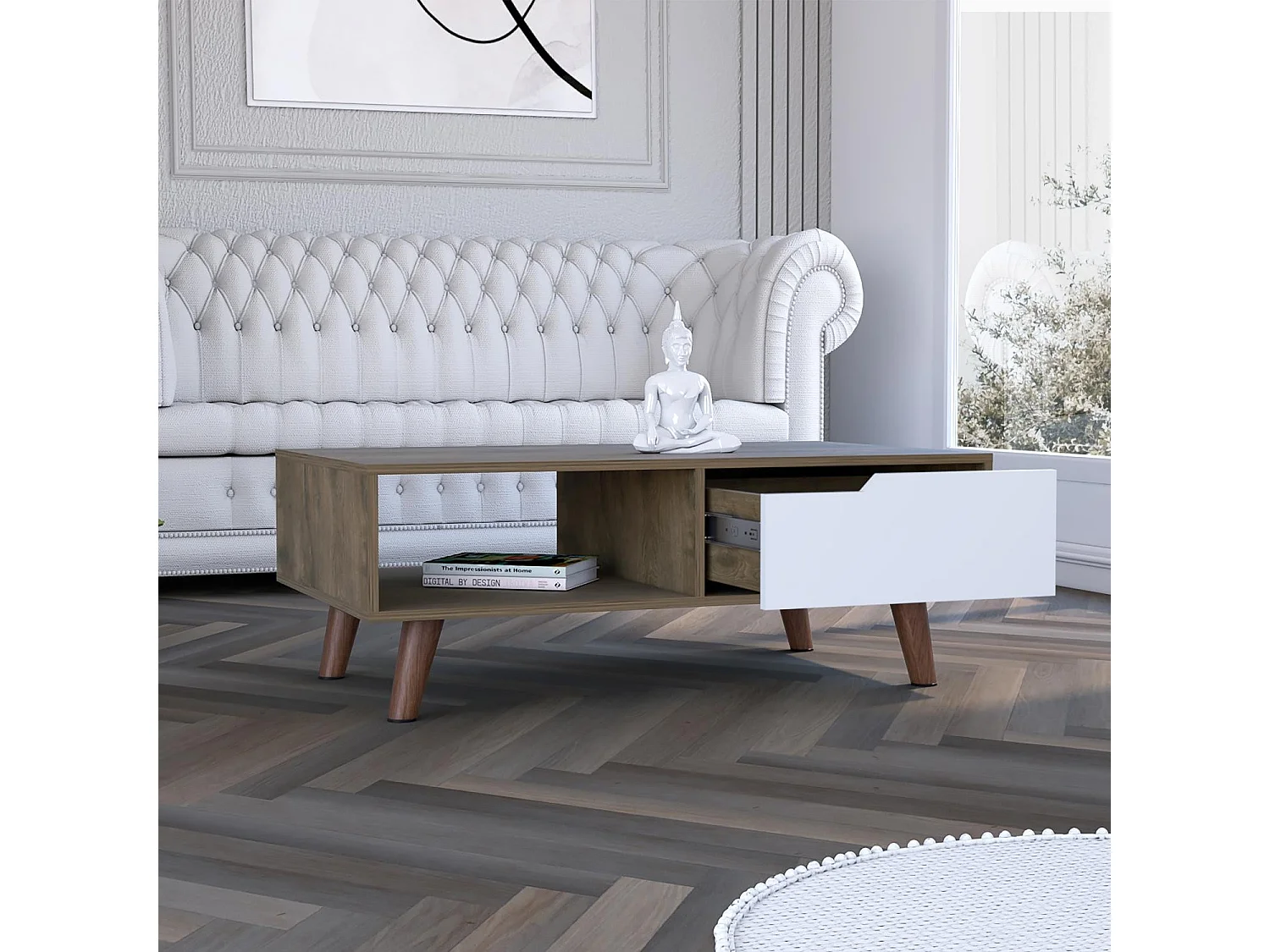 TUHOME CONCEPT Mesa de centro Oslo de 101 cm, carvalho escuro e branco