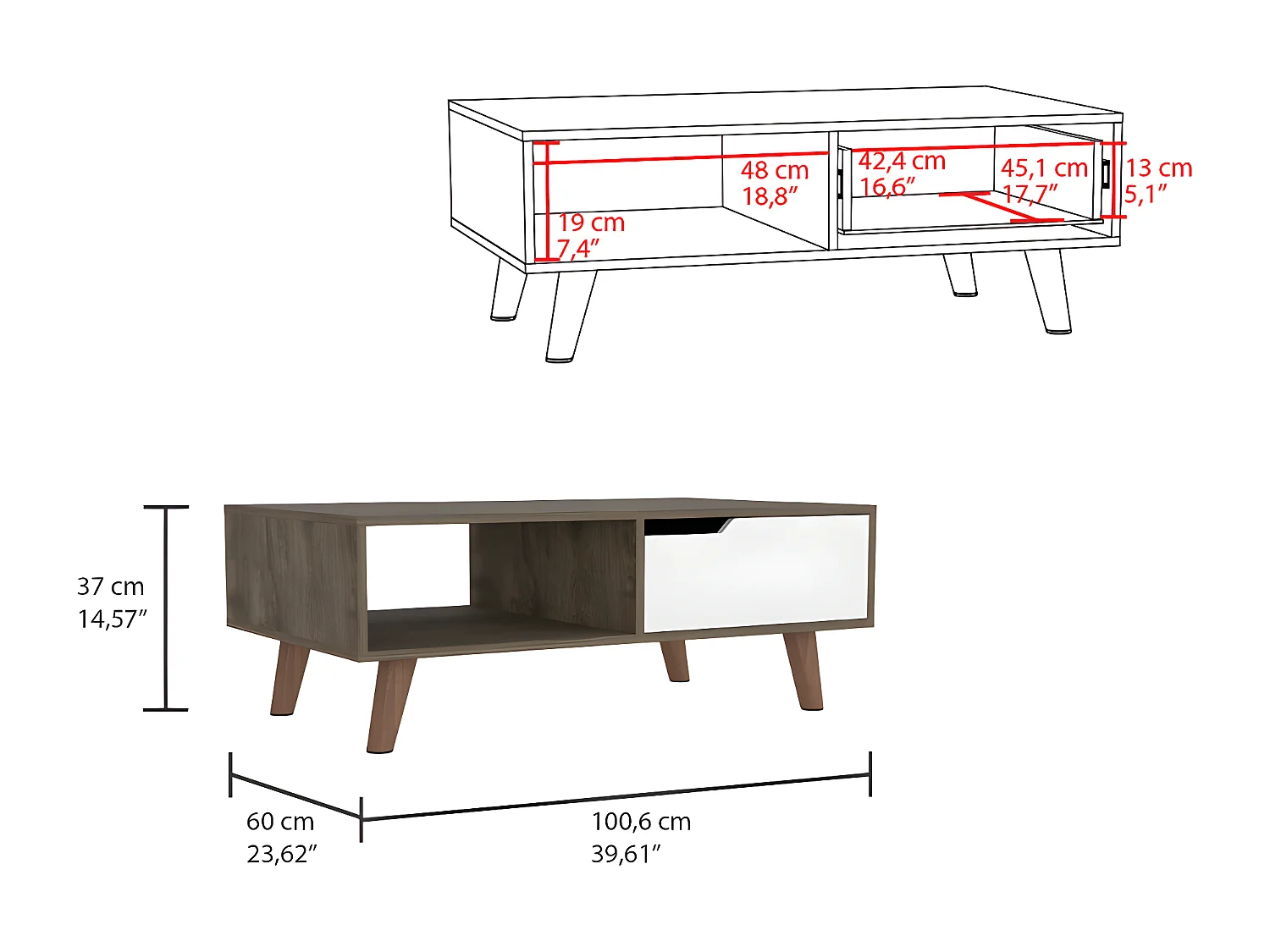 Table centrale Oslo avec 2 niveaux de stockage, 37 cm à x 60 cm P x 100,6 cm et acorn / blanc