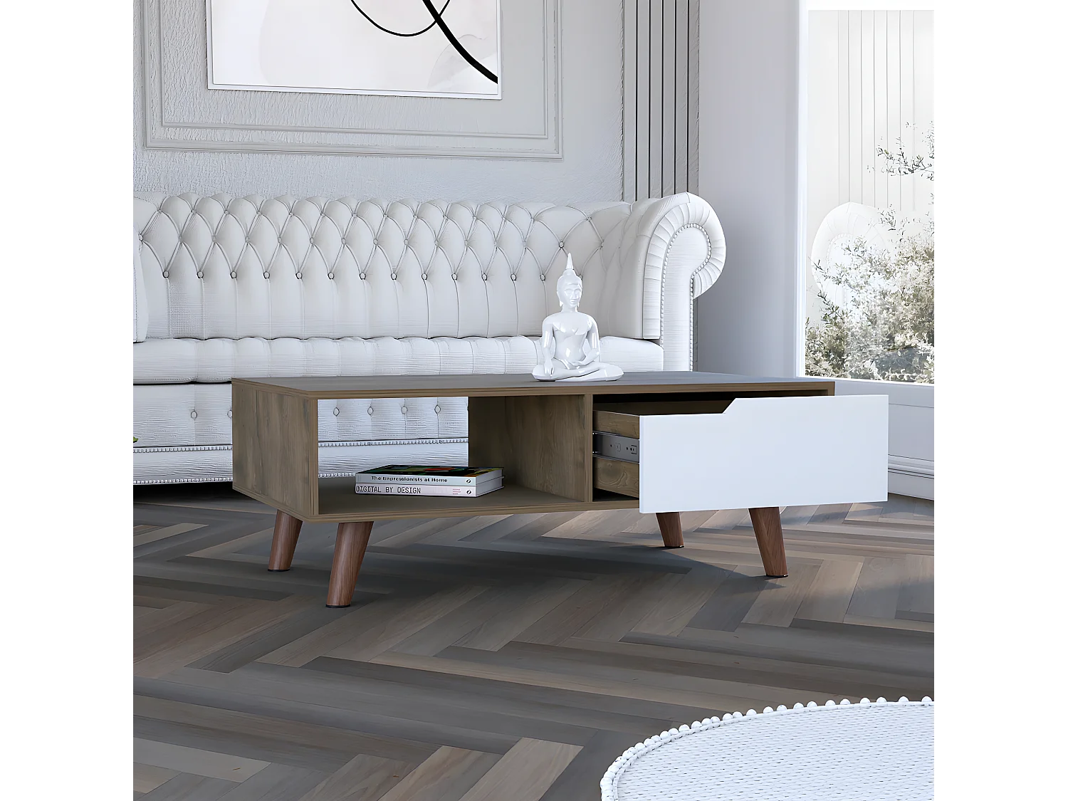 Table centrale Oslo avec 2 niveaux de stockage, 37 cm à x 60 cm P x 100,6 cm et acorn / blanc