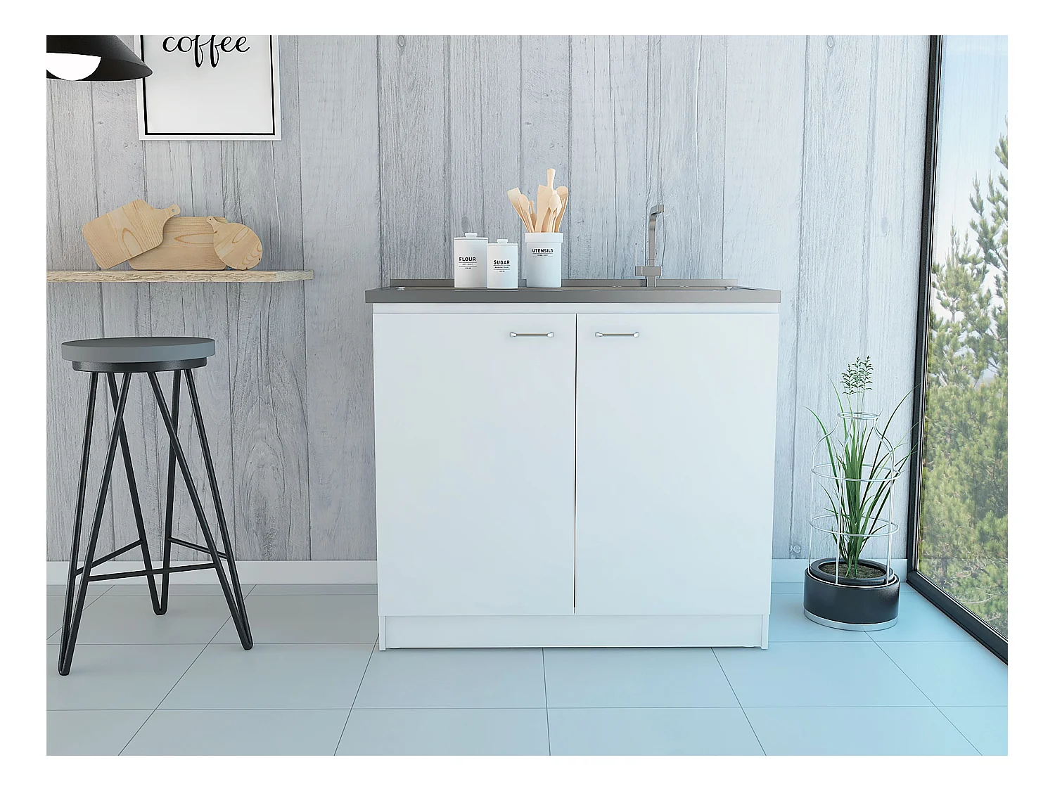 Meuble bas auxiliaire en mélamine Napoles avec deux portes, deux étagères et plan de travail en acier inoxydable, Blanc 90 x 100 x 52.5 cm