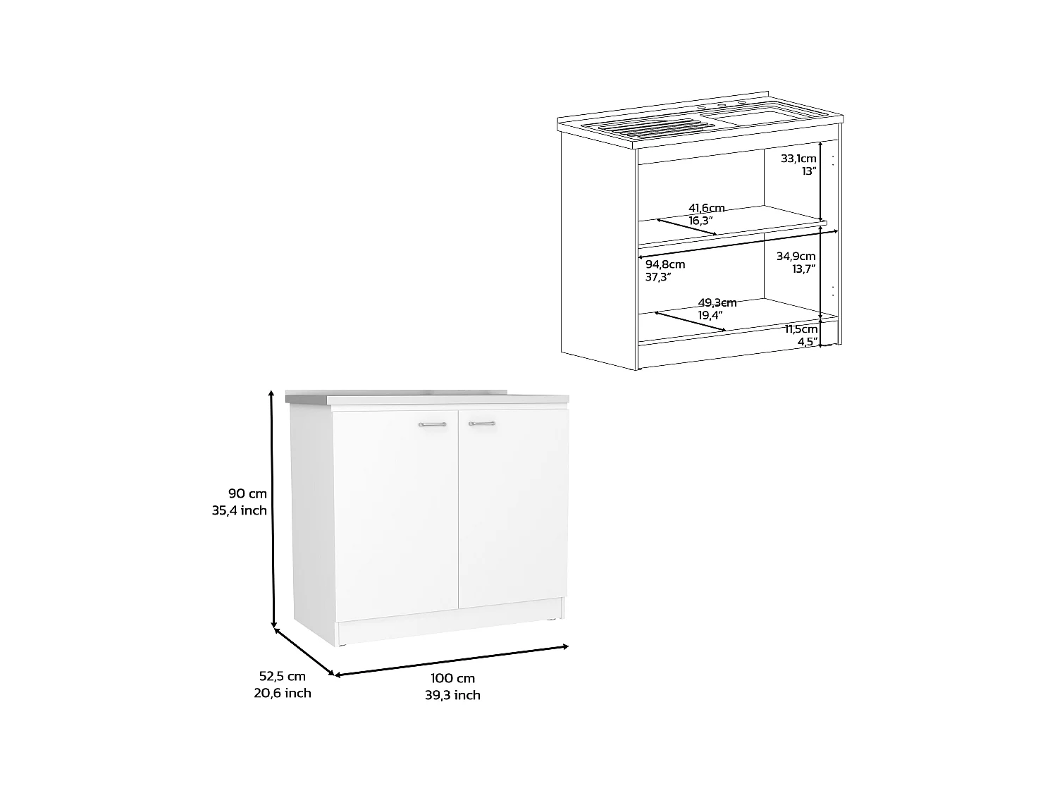 Meuble bas auxiliaire en mélamine Napoles avec deux portes, deux étagères et plan de travail en acier inoxydable, Blanc 90 x 100 x 52.5 cm
