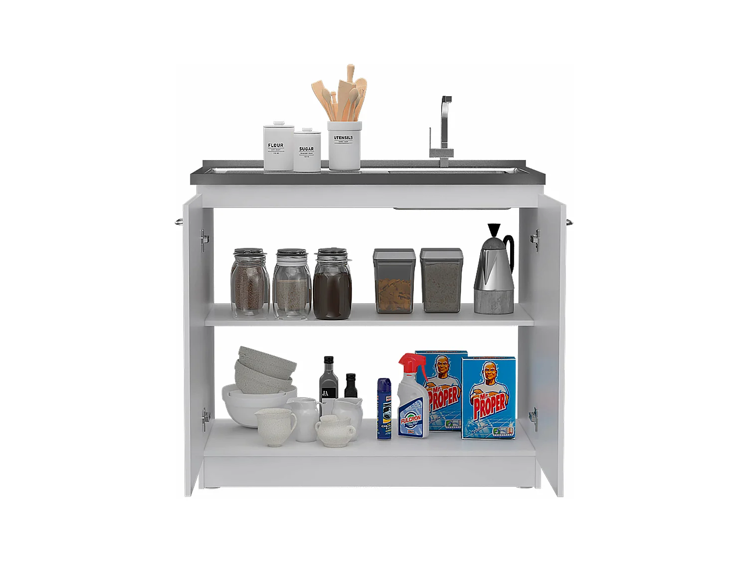 Meuble bas auxiliaire en mélamine Napoles avec deux portes, deux étagères et plan de travail en acier inoxydable, Blanc 90 x 100 x 52.5 cm