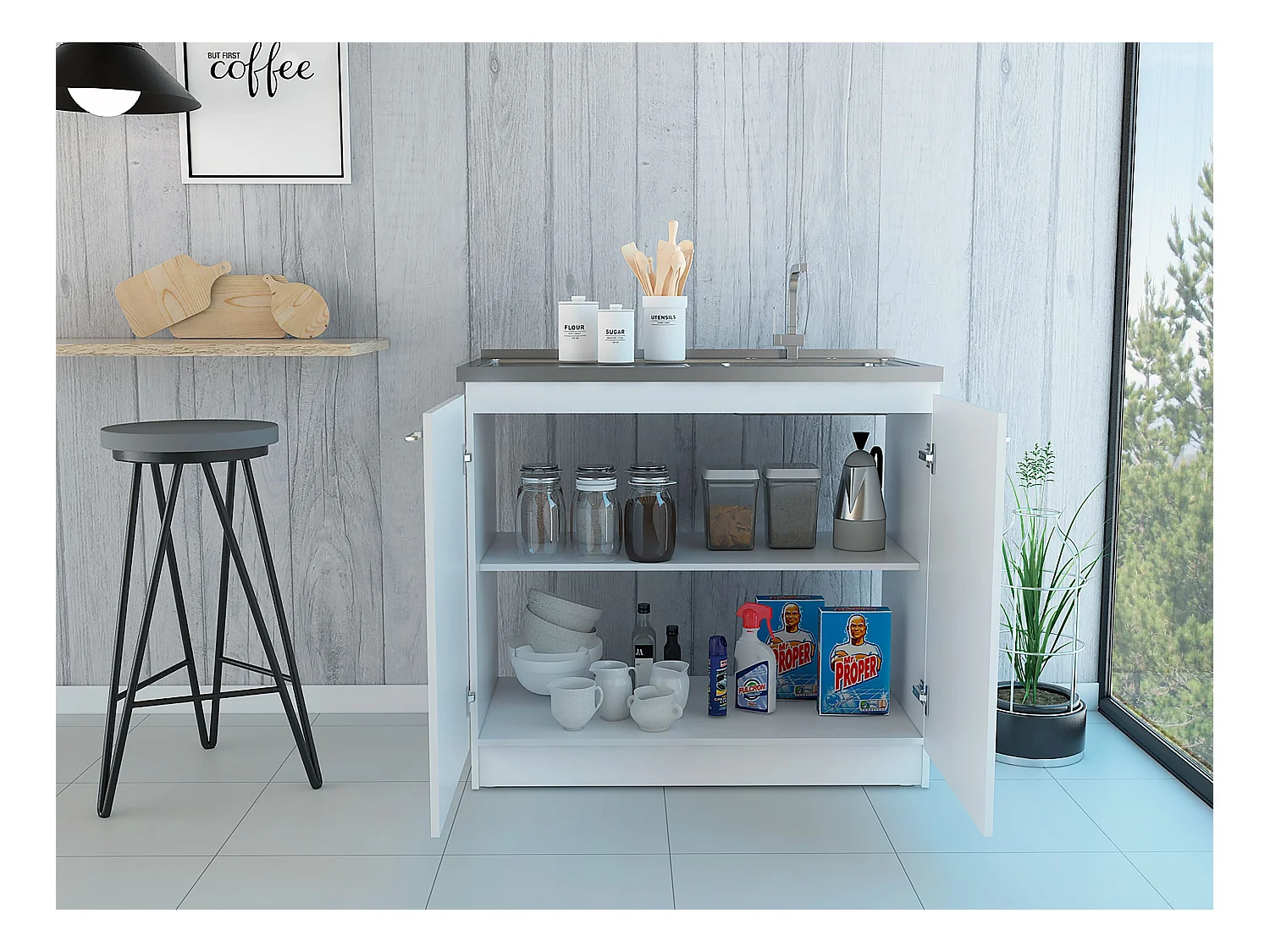 Meuble bas auxiliaire en mélamine Napoles avec deux portes, deux étagères et plan de travail en acier inoxydable, Blanc 90 x 100 x 52.5 cm