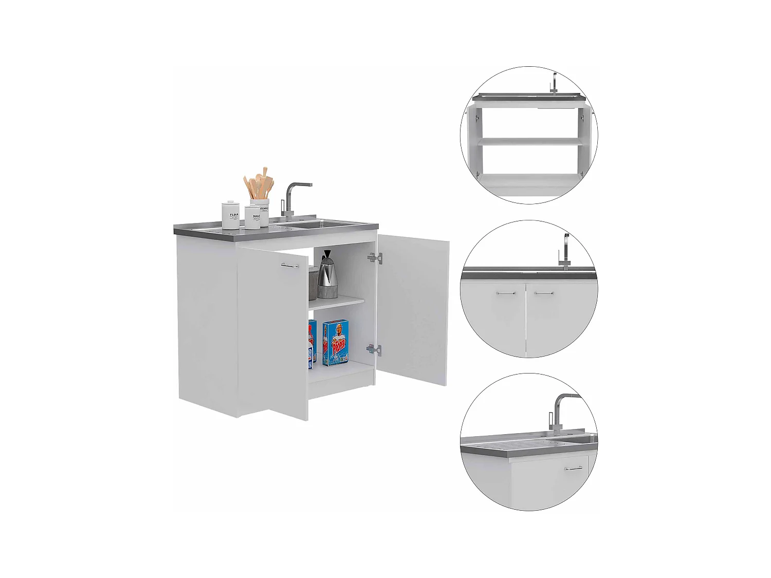 Meuble bas auxiliaire en mélamine Napoles avec deux portes, deux étagères et plan de travail en acier inoxydable, Blanc 90 x 100 x 52.5 cm