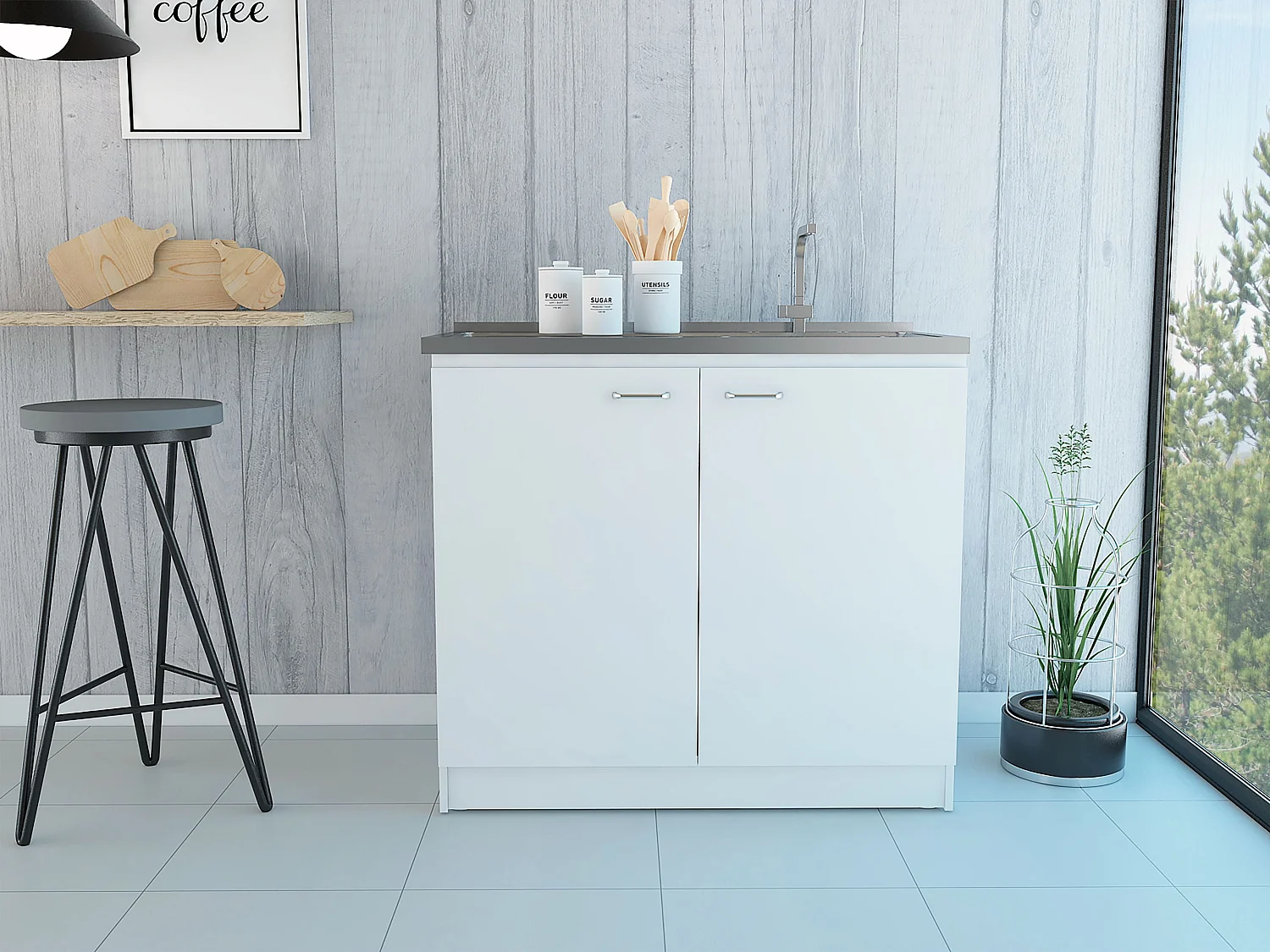 Meuble bas auxiliaire en mélamine Napoles avec deux portes, deux étagères et plan de travail en acier inoxydable, Blanc 90 x 100 x 52.5 cm