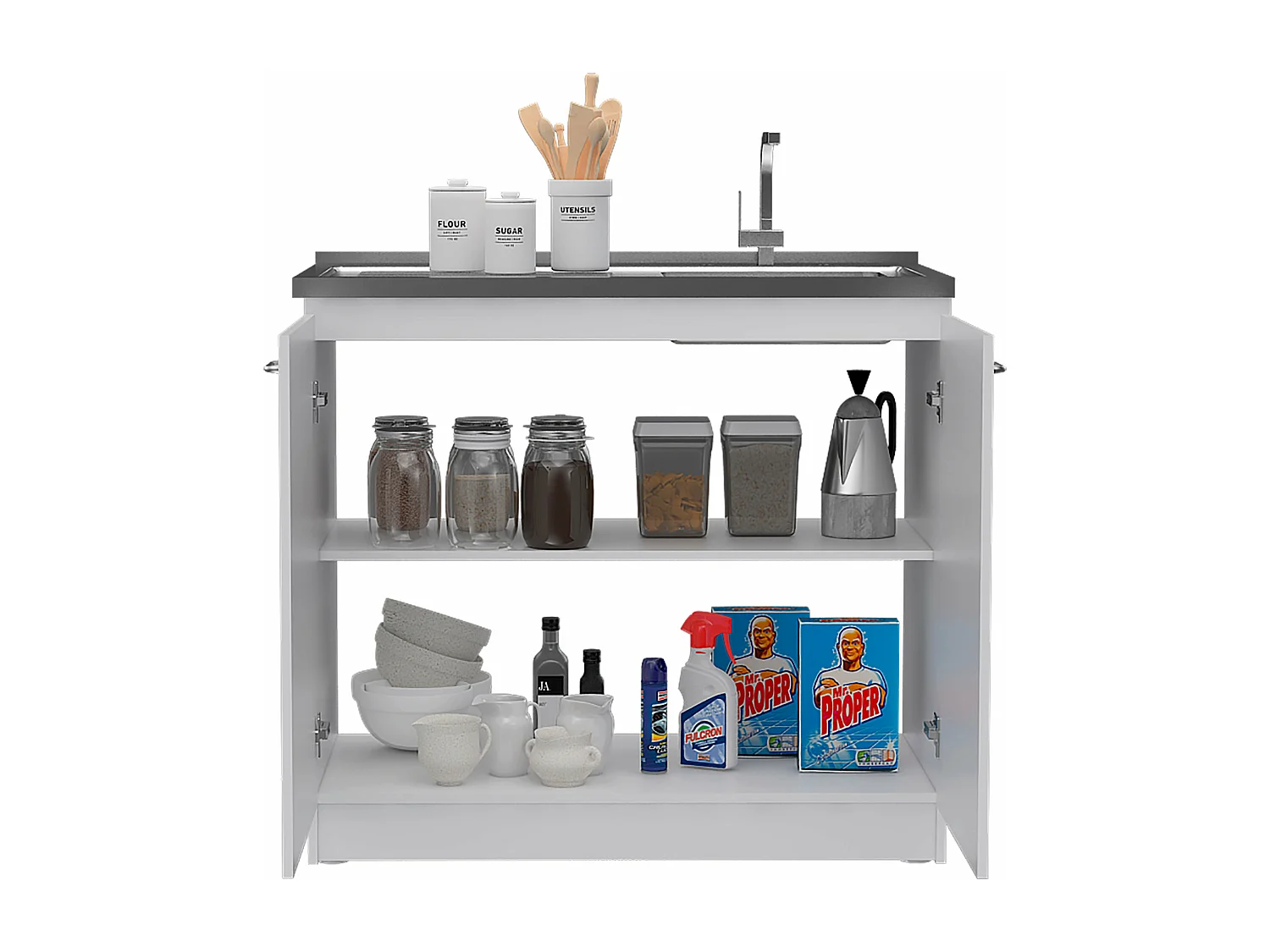 Meuble bas auxiliaire en mélamine Napoles avec deux portes, deux étagères et plan de travail en acier inoxydable, Blanc 90 x 100 x 52.5 cm