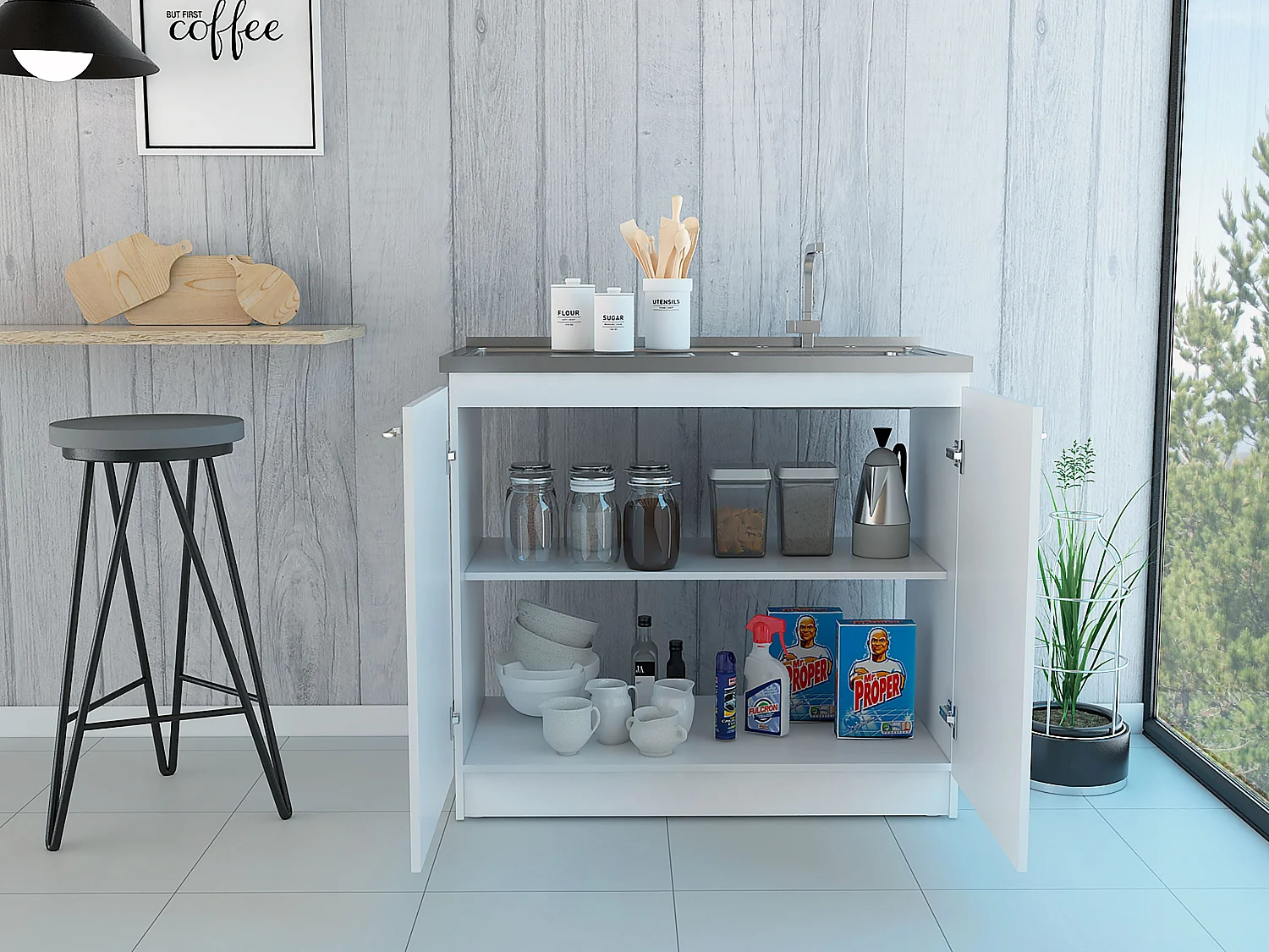 Meuble bas auxiliaire en mélamine Napoles avec deux portes, deux étagères et plan de travail en acier inoxydable, Blanc 90 x 100 x 52.5 cm