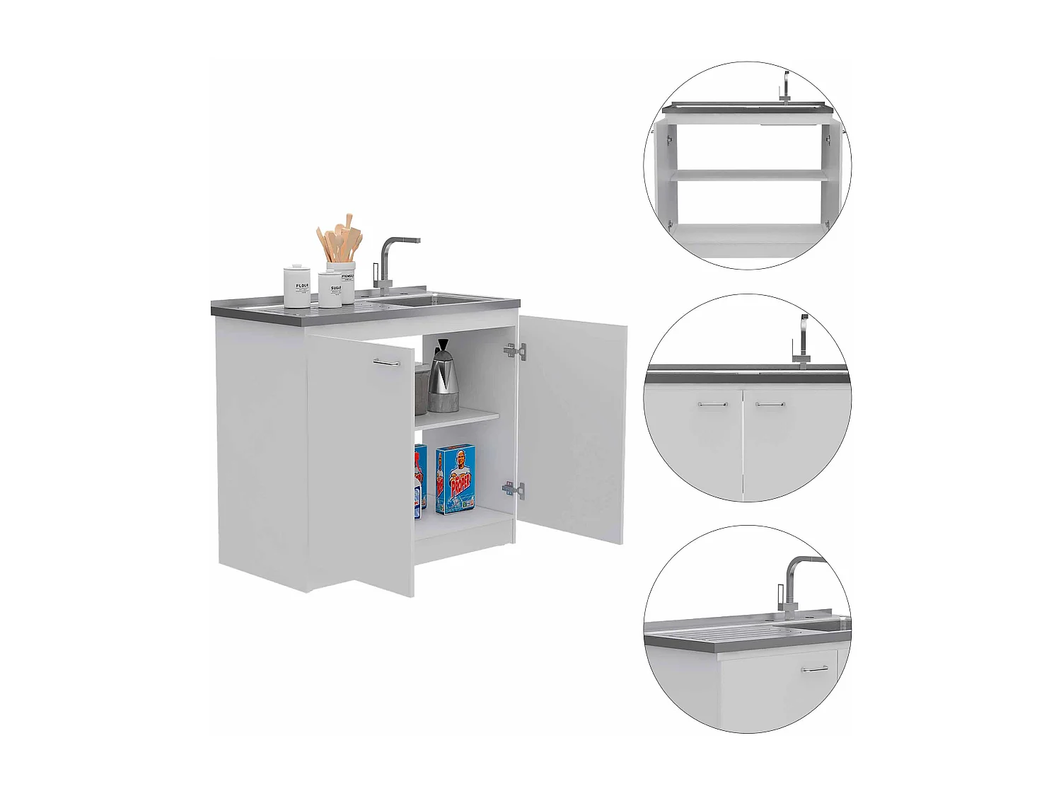 Meuble bas auxiliaire en mélamine Napoles avec deux portes, deux étagères et plan de travail en acier inoxydable, Blanc 90 x 100 x 52.5 cm