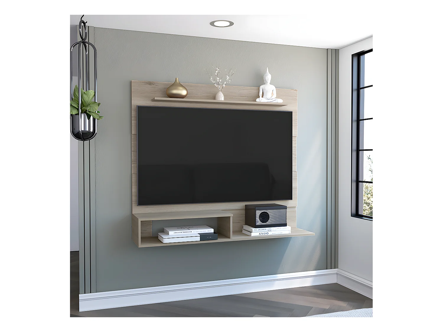 Panneau de divertissement mural de Pékin avec étagère supérieure, 120 cm à x 31,5 cm P x 140 cm et miel