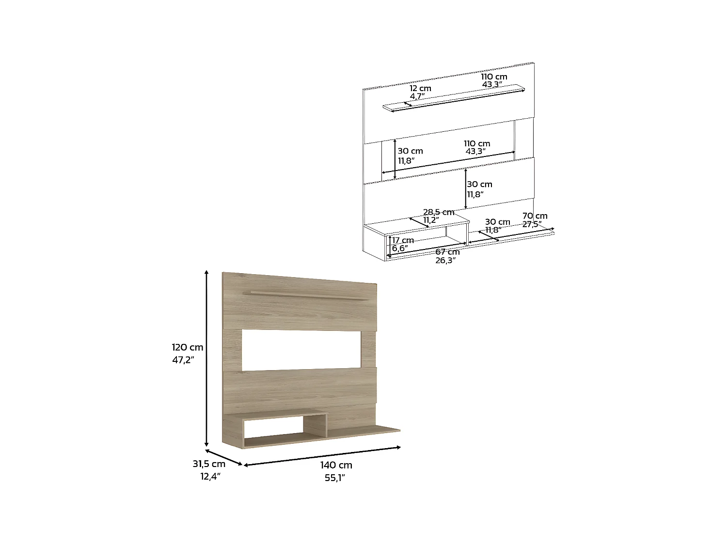 Panneau de divertissement mural de Pékin avec étagère supérieure, 120 cm à x 31,5 cm P x 140 cm et miel