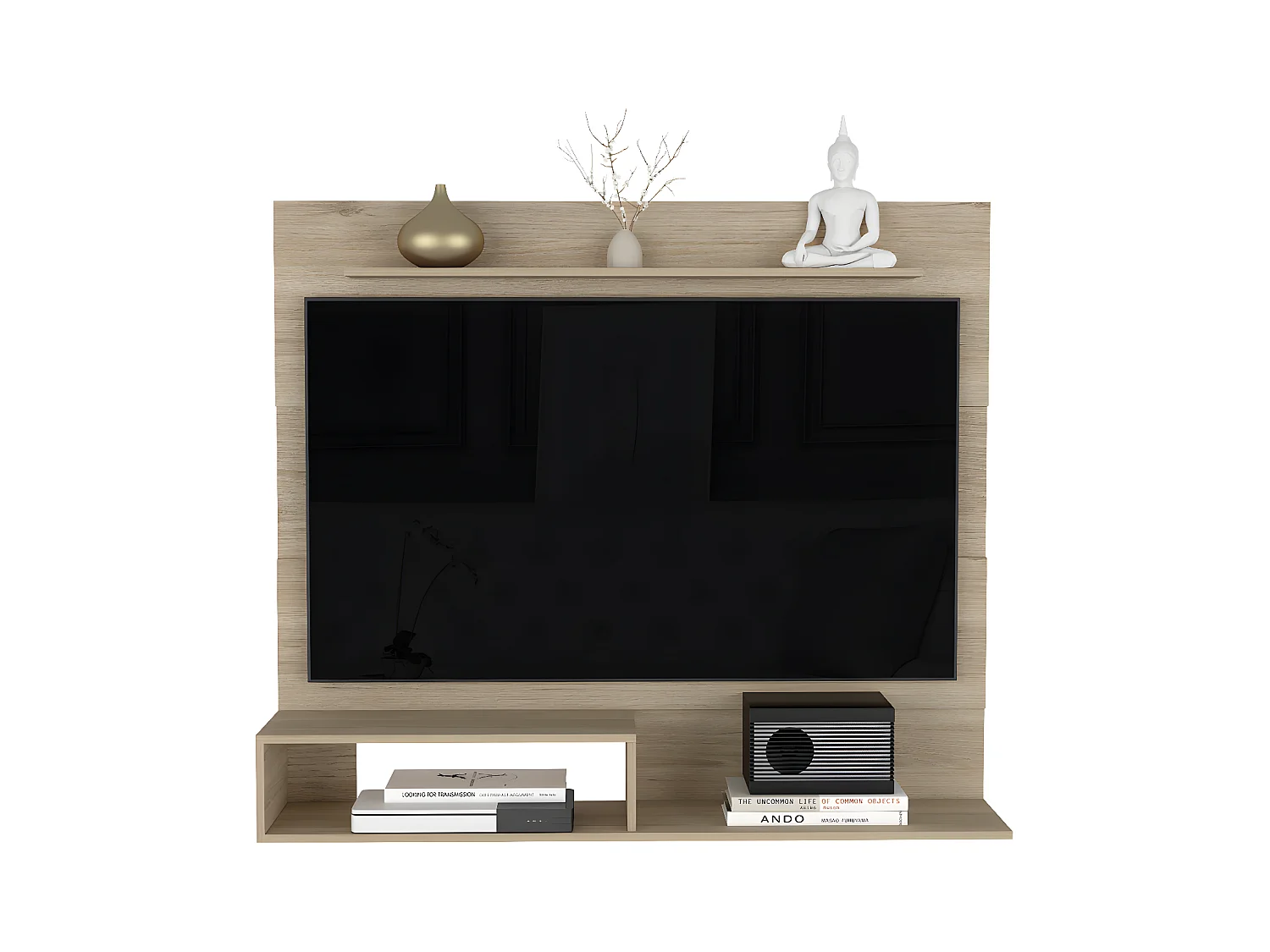 Panneau de divertissement mural de Pékin avec étagère supérieure, 120 cm à x 31,5 cm P x 140 cm et miel