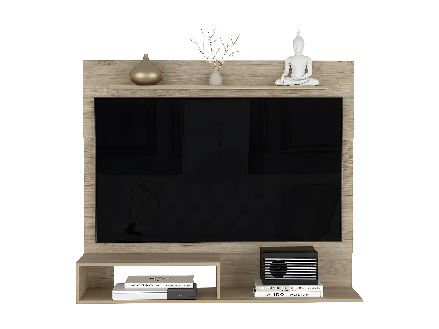 Panneau de divertissement mural de Pékin avec étagère supérieure, 120 cm à x 31,5 cm P x 140 cm et miel